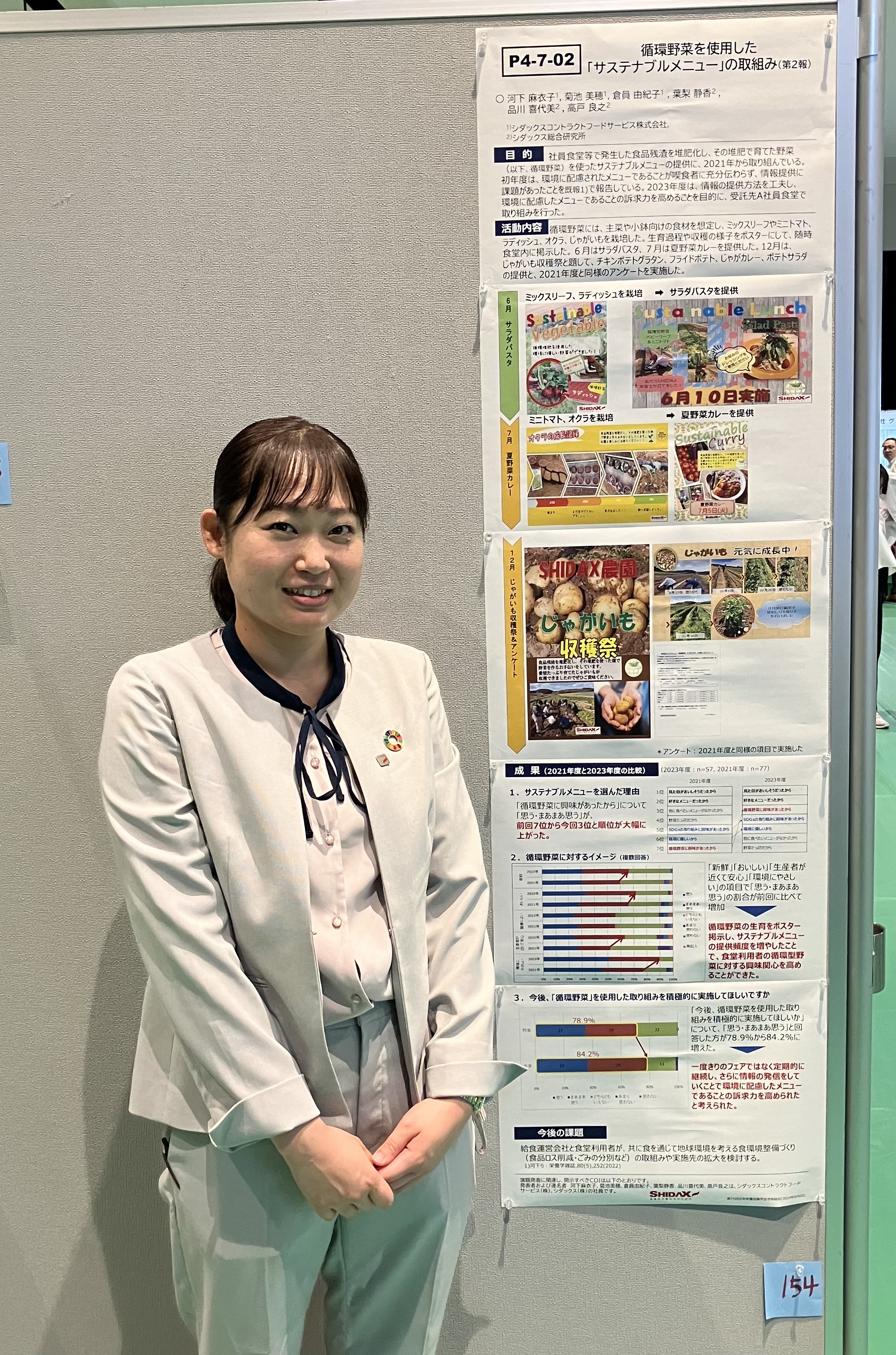循環野菜を使用した「サステナブルメニュー」の取り組み（第2報）  河下麻衣子１、菊池美穂１、倉員由紀子１、葉梨静香2、品川喜代美2、高戸良之2  1シダックスコントラクトフードサービス株式会社, 2シダックス総合研究所