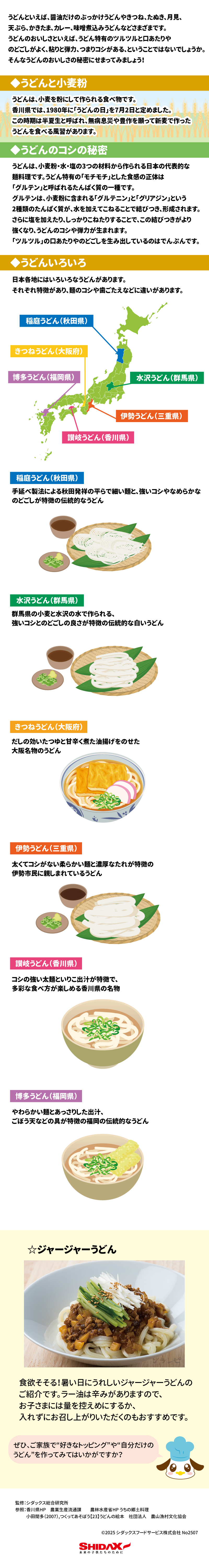 うどん  うどんといえば、醤油だけのぶっかけうどんやきつね、たぬき、月見、天ぷら、かきたま、カレー、味噌煮込みうどんなどさまざまです。うどんのおいしさといえば、うどん特有のツルツルと口あたりやのどごしがよく、粘りと弾力、つまりコシがある、ということではないでしょうか。そんなうどんのおいしさの秘密にせまってみましょう!  うどんと小麦粉  うどんは、小麦を粉にして作られる食べ物です。香川県では、1980年に「うどんの日」を7月2日と定めました。この時期は半夏生と呼ばれ、無病息災や豊作を願って新麦で作ったうどんを食べる風習があります。  うどんのコシの秘密  うどんは、小麦粉・水・塩の3つの材料から作られる日本の代表的な麺料理です。うどん特有の「モチモチ」とした食感の正体は「グルテン」と呼ばれるたんぱく質の一種です。グルテンは、小麦粉に含まれる「グルテニン」と「グリアジン」という2種類のたんぱく質が、水を加えてこねることで結びつき、形成されます。さらに塩を加えたり、しっかりこねたりすることで、この結びつきがより強くなり、うどんのコシや弾力が生まれます。「ツルツル」の口あたりやのどごしを生み出しているのはでんぷんです。  うどんいろいろ  日本各地にはいろいろなうどんがあります。それぞれ特徴があり、麺のコシや歯ごたえなどに違いがあります。  稲庭うどん(秋田県)  手延べ製法による秋田発祥の平らで細い麺と、強いコシやなめらかなのどごしが特徴の伝統的なうどん  きつねうどん(大阪府)  だしの効いたつゆと甘辛く煮た油揚げをのせた大阪名物のうどん  水沢うどん(群馬県)  群馬県の小麦と水沢の水で作られる、強いコシとのどごしの良さが特徴の伝統的な白いうどん  伊勢うどん(三重県)  太くてコシがない柔らかい麺と濃厚なたれが特徴の伊勢市民に親しまれているうどん  博多うどん(福岡県)  やわらかい麺とあっさりした出汁、ごぼう天などの具が特徴の福岡の伝統的なうどん  監修:シダックス総合研究所  讃岐うどん(香川県)  コシの強い太麺といりこ出汁が特徴で、多彩な食べ方が楽しめる香川県の名物  ぜひ、ご家族で“好きなトッピング”や“自分だけのうどん”を作ってみてはいかがですか?  参照:香川県HP 農業生産流通課 農林水産省HPうちの郷土料理  小田間多(2007)、つくってあそぼう 【23】うどんの絵本 社団法人 農山漁村文化協会  食欲そそる! 暑い日にうれしいジャージャーうどんのご紹介です。  ラー油は辛みがありますので、お子さまには量を控えめにするか、入れずにお召し上がりいただくのもおすすめです。  SHIDAX  未来の子供たちのために  ☆ジャージャーうどん  ©2025 シダックスフードサービス株式会社 No2507 