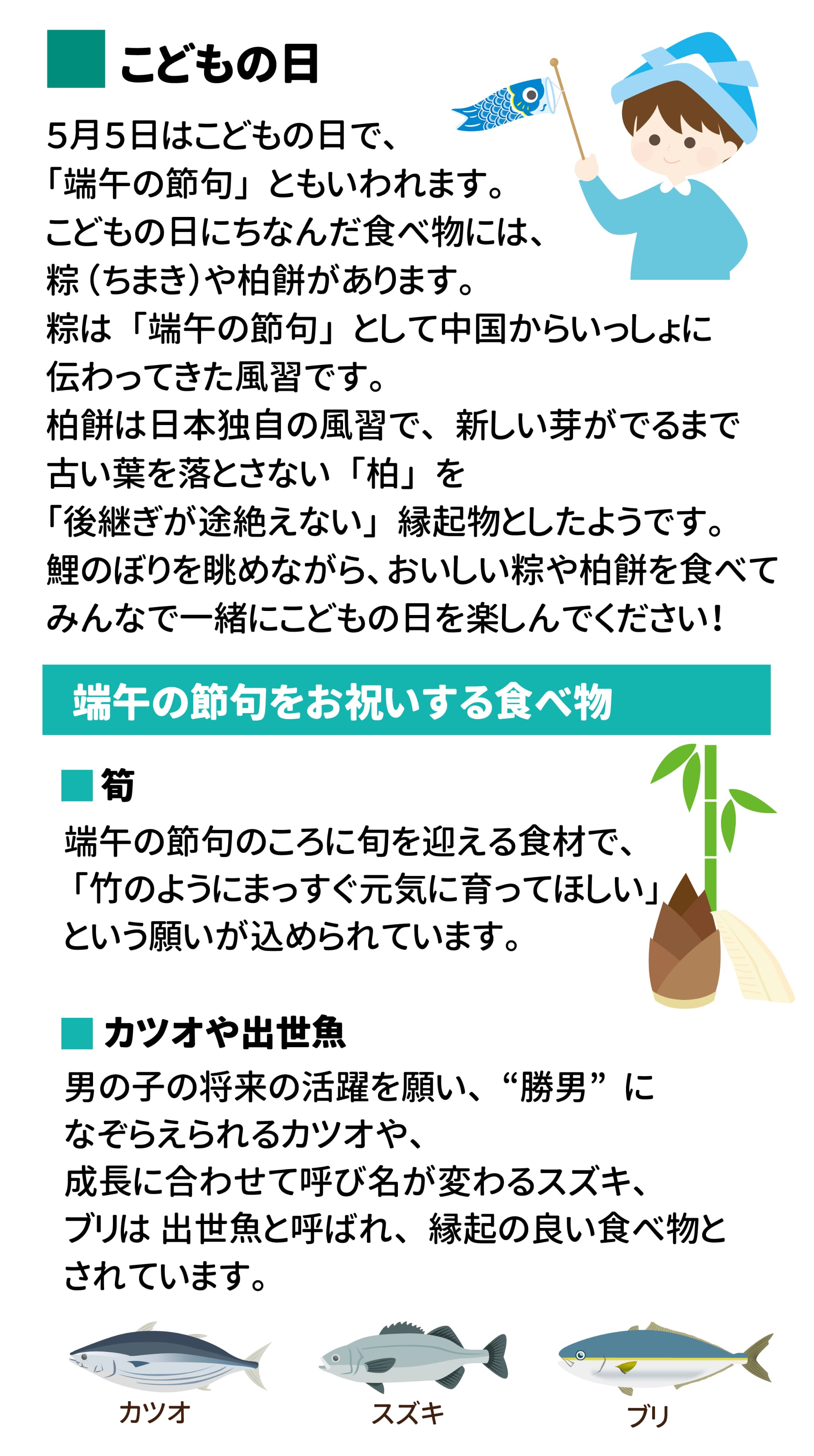 こどもの日 ５月５日はこどもの日で、 「端午の節句」  ともいわれます。 こどもの日にちなんだ食べ物には、粽（ちまき）や柏餅があります。 粽は  「端午の節句」  として中国からいっしょに伝わってきた風習です。 柏餅は日本独自の風習で、 新しい芽がでるまで古い葉を落とさない 「柏」 を 「後継ぎが途絶えない」  縁起物としたようです。 鯉のぼりを眺めながら、おいしい粽や柏餅を食べてみんなで一緒にこどもの日を楽しんでください！ 端午の節句をお祝いする食べ物 筍 端午の節句のころに旬を迎える食材で、 「竹のようにまっすぐ元気に育ってほしい」という願いが込められています。 カツオや出世魚 男の子の将来の活躍を願い、 “勝男” になぞらえられるカツオや、 成長に合わせて呼び名が変わるスズキ、 ブリは 出世魚と呼ばれ、  縁起の良い食べ物とされています。