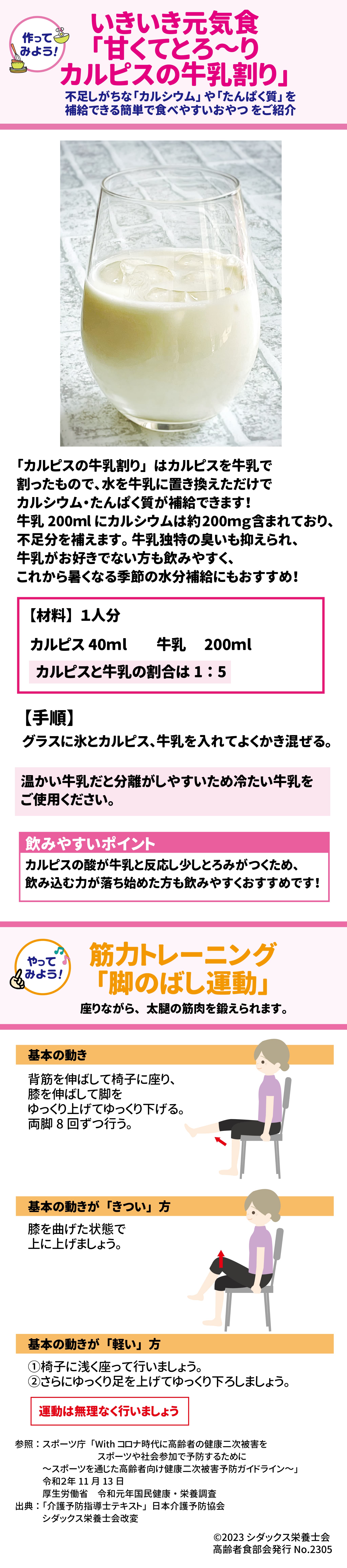 いきいき元気食「甘くてとろ～りカルピスの牛乳割り」不足しがちな「カルシウム」や「たんぱく質」を補給できる簡単で食べやすいおやつをご紹介 「カルピスの牛乳割り」はカルピスを牛乳で割ったもので、水を牛乳に置き換えだけでカルシウム・たんぱく質が補給できます！牛乳200ｍｌにカルシウムは約200ｍｇ含まれており、不足分を補えます。牛乳独特の臭いも抑えられ、牛乳がお好きでない方も飲みやすく、これから暑くなる季節の水分補給にもおすすめ！ 飲みやすいポイント カルピスの酸が牛乳と反応し少しとろみがつくため、飲み込む力が落ち始めた方も飲みやすくおすすめです！  筋力トレーニング「脚のばし運動」 座りながら、太腿の筋肉を鍛えられます。 基本の動き。背筋を伸ばして椅子に座り、膝を伸ばして脚をゆっくり上げてゆっくり下げる。両脚8回ずつ行う。 基本の動きが「きつい」方。膝を曲げた状態で上に上げましょう。 基本の動きが「軽い」方。①椅子に浅く座って行いましょう。 ②さらにゆっくり足を上げてゆっくり下ろしましょう。 運動は無理なく行いましょう。　 【参照】※１：スポーツ庁「With コロナ時代に高齢者の健康二次被害をスポーツや社会参加で予防するために ～スポーツを通じた高齢者向け健康二次被害予防ガイドライン～」令和２年11月13日  【出典】※２：「介護予防指導士テキスト」,日本介護予防協会　シダックス栄養士会改変