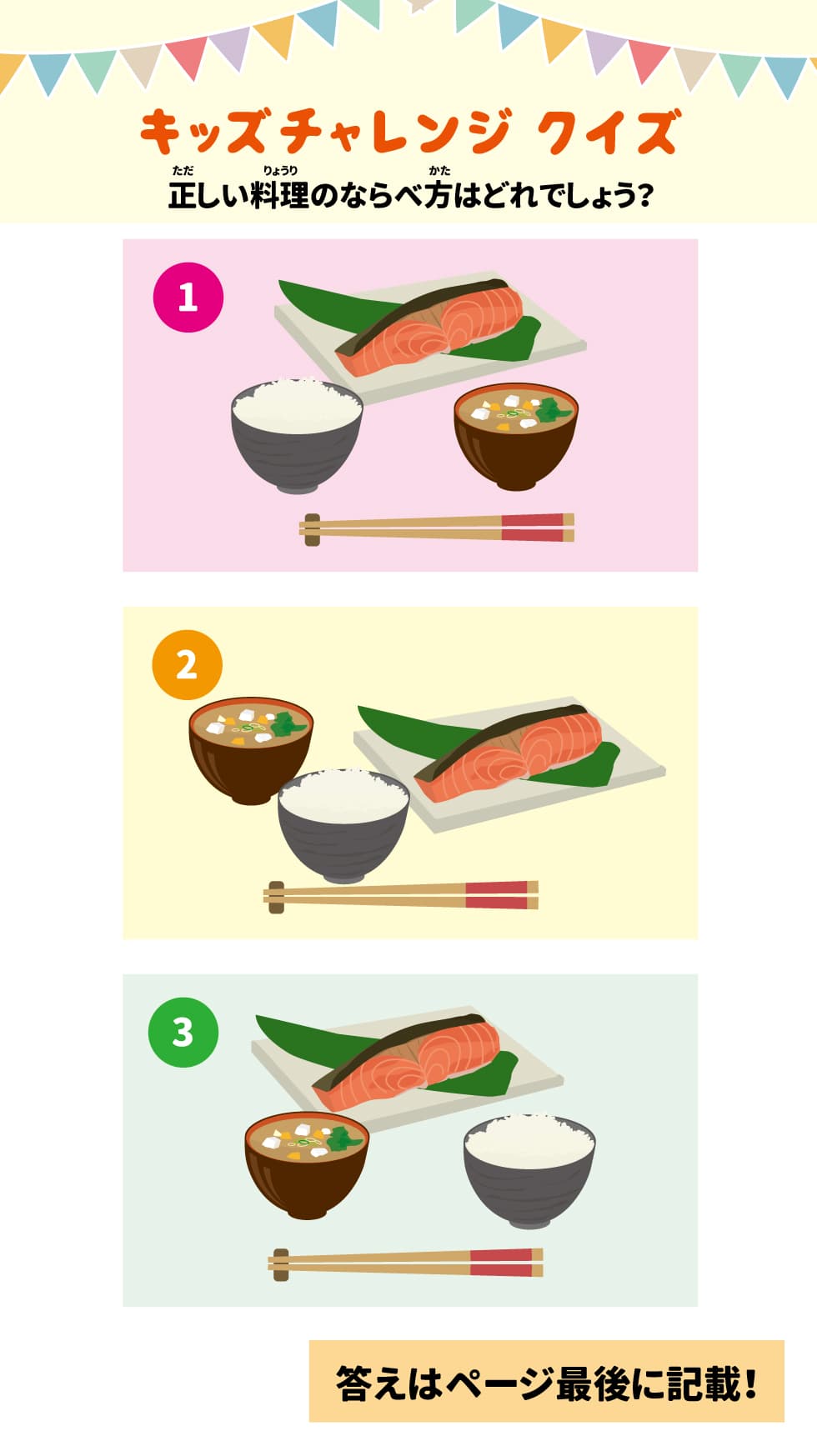 キッズチャレンジクイズ 正しい料理のならべ方はどれでしょう？