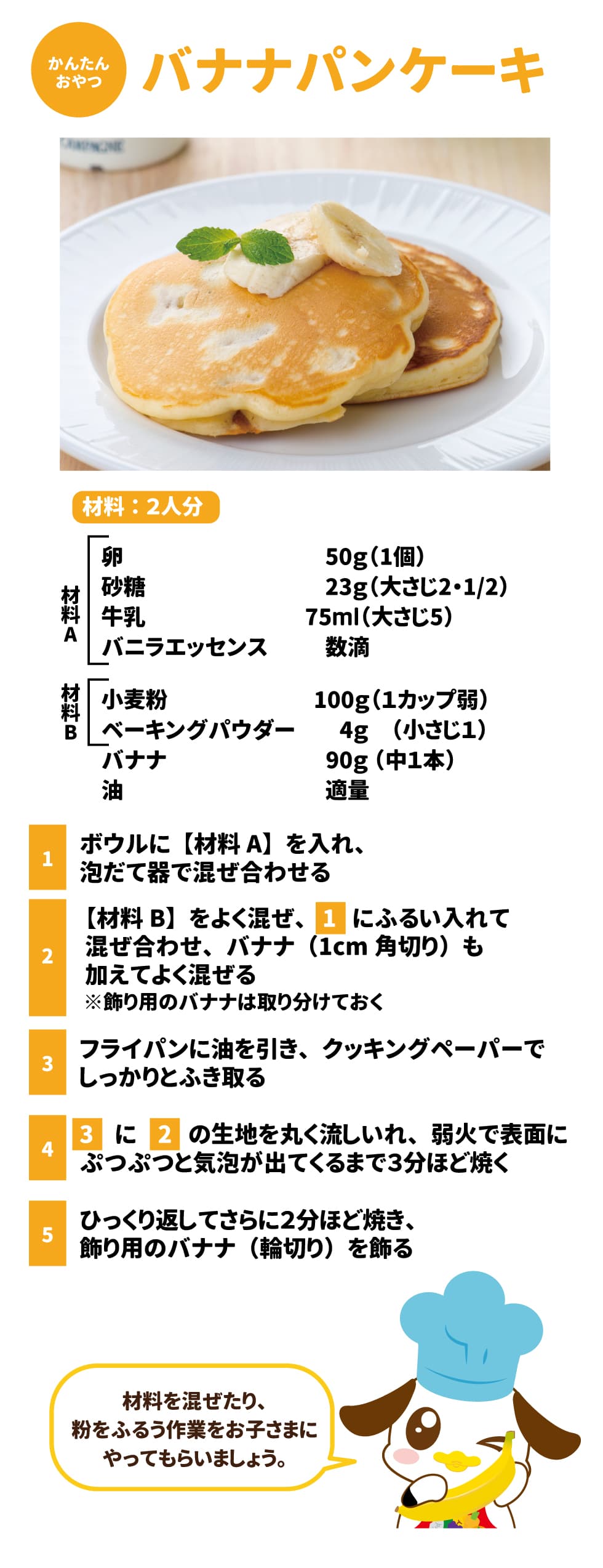 ＜子どもに人気のおやつ＞　　　バナナパンケーキ 材料：２人分 卵　　　　　　　　　　  　５０ｇ（１個）　　　　　　　　　　　　　　　小麦粉            　１００ｇ（１カップ弱） 砂糖　　　　　　　　　  　２３ｇ（大さじ２・１/２）　　　　　　　　　ベーキングパウダー　　４ｇ　（小さじ１） 牛乳　　　　　　　　　  　７５ｍｌ（大さじ５）　　　　　　　　　　　バナナ　　　　　　　　　　９０ｇ（中１本） バニラエッセンス   　　数滴　　　　　　　　　　　　　　　　　　 油　　　　　　　　　　　　　適量 《作り方》 １．	ボウルに【材料A】を入れ、泡だて器で混ぜ合わせる ２．	【材料B】はよく混ぜ、「１」にふるい入れて混ぜ合わせ、バナナ（１ｃｍ角切り）も加えてよく混ぜる ３．	フライパンに油をしき、クッキングペーパーでしっかりとふき取る ４．	「３」に「２」の生地を丸く流しいれ、弱火で表面にぷつぷつと気泡が出てくるくらい３分ほど焼く ５．	ひっくり返してさらに２分ほど焼き、お好みでバナナの輪切りを飾る 材料を混ぜたり、粉をふるう作業をお子さまにやってもらいましょう。