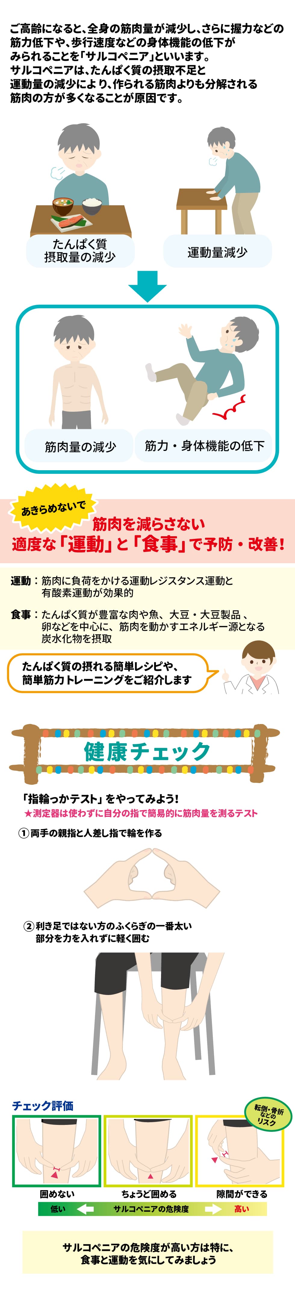 脱・サルコペニアで元気いきいき！食べる・動くで健康な筋肉を作ろう！ ご高齢になると、全身の筋肉量が減少し、さらに握力などの筋力低下や、歩行速度などの身体機能の低下がみられることを「サルコペニア」といいます。 サルコペニアは、たんぱく質の摂取不足と運動量の減少により、作られる筋肉よりも分解される筋肉の方が多くなることが原因です。 たんぱく質摂取量の減少　運動量減少　→筋肉量の減少　筋力・身体機能の低下 あきらめないで！筋肉を減らさない適度な「運動」と「食事」で予防・改善！ 運動：筋肉に負荷をかける運動（レジスタンス運動）と有酸素運動が効果的 食事：たんぱく質が豊富な肉や魚、大豆・大豆製品、卵などを中心に、筋肉を動かすエネルギー源となる炭水化物を摂取 たんぱく質の摂れる簡単レシピや、簡単筋力トレーニングをご紹介します 健康チェック 「指輪っかテスト」をやってみよう！ ★測定器は使わずに自分の指で簡易的に筋肉量を測るテスト ①両手の親指と人差し指で輪を作る ②利き足ではない方のふくらぎの一番太い部分を力を入れずに軽く囲む チェック評価 サルコペニアの危険度が高い方は特に、食事と運動を気にしてみましょう！