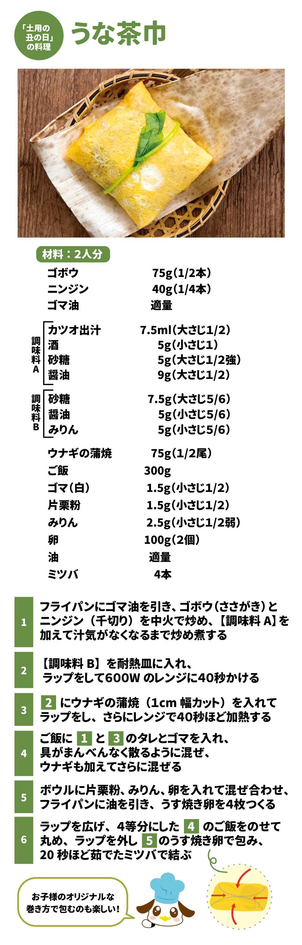 ＜「土用の丑の日」の料理＞　　　うな茶巾ゴマ油  適量、ゴボウ<ささがき>  1/2本  75g、ニンジン<千切り>  1/4本  40g、カツオ出汁  大さじ1/2  7.5ml、酒  小さじ1  5g、砂糖  大さじ1/2強  5g、醤油  大さじ1/2  9g うな茶巾 height=204 フライパンにゴマ油を引き、ゴボウとニンジンを中火で炒め、【調味料A】を加えて汁気がなくなるまで炒め煮する  2	 砂糖  大さじ5/6  7.5g、醤油  小さじ5/6  5g、みりん  小さじ5/6  5g うな茶巾 height=204 【調味料B】を耐熱皿に入れ、ラップをして600Wのレンジに40秒かける  3	 ウナギ<(蒲焼)1cm幅に切る>  1/2尾  75g うな茶巾 height=204 「2」にウナギの蒲焼を入れてラップをし、さらにレンジで40秒ほど加熱する  4	 ご飯  300g、ゴマ（白）  小さじ1/2  1.5g うな茶巾 height=204 ご飯に「1」と「3」のタレとゴマを入れ、具がまんべんなく散るように混ぜ、ウナギも加えてさらに混ぜる  5	 片栗粉  小さじ1/2  1.5g、みりん  小さじ1/2弱  2.5g、卵  2個  100g、油  適量 うな茶巾 height=204 ボウルに片栗粉、みりん、卵を入れて混ぜ合わせ、フライパンに油を引き、うす焼き卵を4枚つくる  6	 ミツバ  3本 うな茶巾 height=204 ラップを広げ、4等分にした「4」のご飯をのせて丸め、ラップを外し「5」のうす焼き卵で包み、20秒ほど茹でたミツバで結ぶ