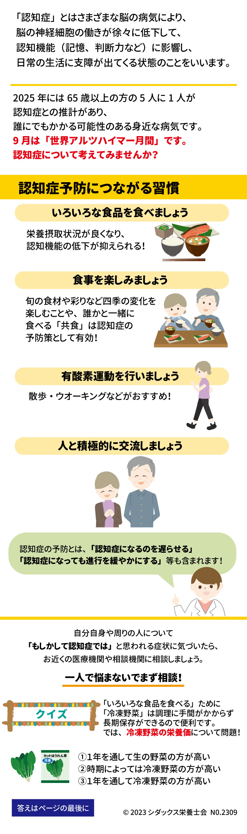 頭も体も元気いきいき！　認知症予防 「認知症」とはさまざまな脳の病気により、脳の神経細胞の働きが徐々に低下して、認知機能（記憶、判断力など）に影響し、日常の生活に支障が出てくる状態のことをいいます。 2025年には65歳以上の方の5人に1人が認知症との推計があり、誰にでもかかる可能性のある身近な病気です。 9月は「世界アルツハイマー月間」です。認知症について考えてみませんか？ 認知症予防につながる習慣 いろいろな食品を食べましょう 栄養摂取状況が良くなり、認知機能の低下が抑えられる！ 食事を楽しみましょう 旬の食材や彩りなど四季の変化を楽しむことや、誰かと一緒に食べる「共食」は認知症の予防策として有効！ 有酸素運動を行いましょう 散歩・ウオーキングなどがおすすめ！ 人と積極的に交流しましょう 認知症の予防とは、「認知症になるのを遅らせる」「認知症になっても進行を緩やかにする」等も含まれます！ 自分自身や周りの人について「もしかして認知症では」と思われる症状に気づいたら、お近くの医療機関や相談機関に相談しましょう。 一人で悩まないでまず相談！ クイズ 「いろいろな食品を食べる」ために「冷凍野菜」は調理に手間がかからず長期保存ができるので便利です。 では、冷凍野菜の栄養価について問題！ ①１年を通して生の野菜の方が高い ②時期によっては冷凍野菜の方が高い ③１年を通して冷凍野菜の方が高い