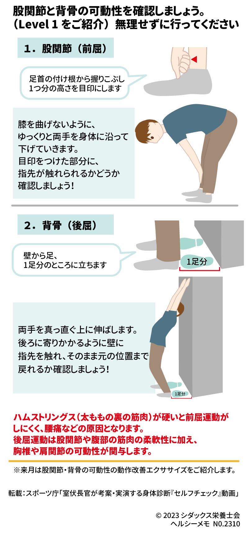 セルフチェック！股関節と背骨の可動性 股関節と背骨の可動性を確認しましょう。（Level 1をご紹介）無理せずに行ってください １．股関節（前屈） 足首の付け根から握りこぶし1つ分の高さを目印にします 膝を曲げないように、ゆっくりと両手を身体に沿って下げていきます。目印をつけた部分に、指先が触れられるかどうか確認しましょう！ ２．背骨（後屈） 壁から足、1足分のところに立ちます 両手を真っ直ぐ上に伸ばし、後ろに寄りかかるように壁に指先を触れます。そのまま元の位置まで戻れるか確認しましょう！ ハムストリングス（太ももの裏の筋肉）が硬いと前屈運動がしにくく、腰痛などの原因となります。後屈運動は股関節や腹部の筋肉の柔軟性に加え、胸椎や肩関節の可動性が関与します。 ※来月は股関節・背骨の可動性の動作改善エクササイズをご紹介します。