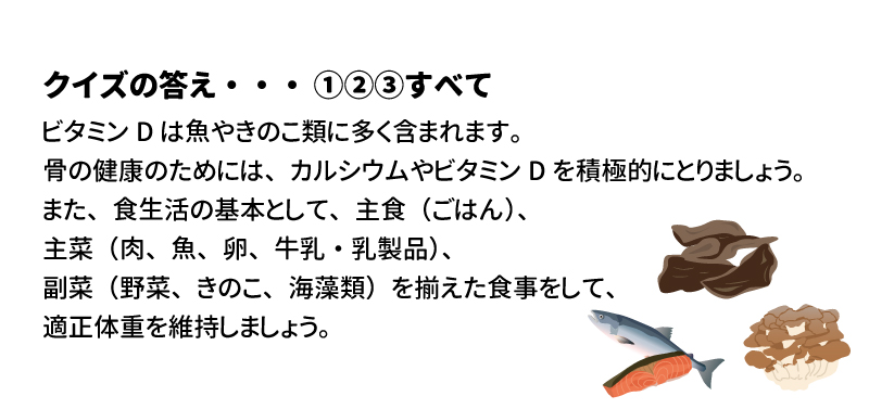 クイズの答え・・・①②③すべて ビタミンDは魚やきのこ類に多く含まれます。骨の健康のためには、カルシウムやビタミンDを積極的にとりましょう。また、食生活の基本として、主食（ごはん）、主菜（肉、魚、卵、牛乳・乳製品）、副菜（野菜、きのこ、海藻類）を揃えた食事をして、適正体重を維持しましょう。