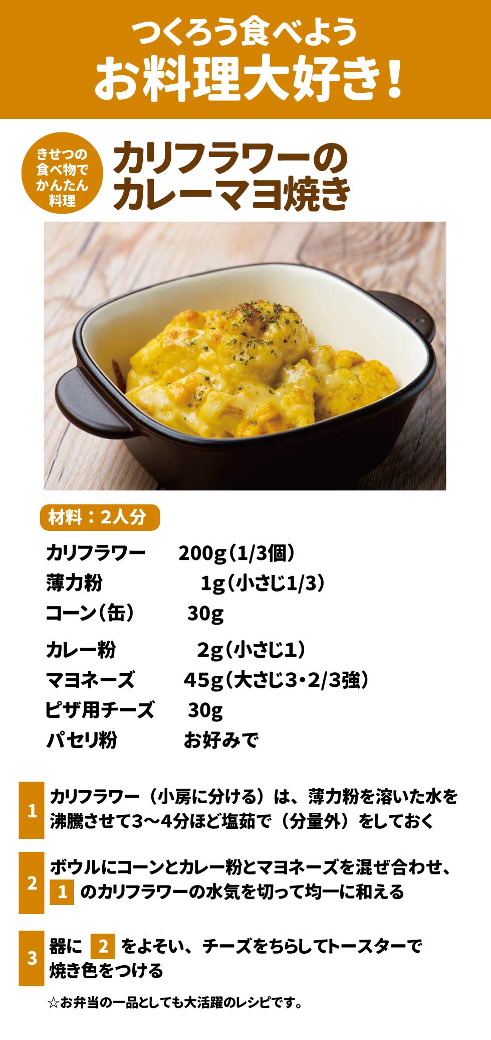 季節の食べ物でかんたん料理 カリフラワーのカレーマヨ焼き 材料：２人分 カリフラワー　　　２００ｇ（1／３個） 薄力粉　　　　　　　１ｇ（小さじ１/３） コーン（缶）　　　　３０ｇ カレー粉　　　　 　２ｇ（小さじ１） マヨネーズ　　　　４５ｇ（大さじ３・２／３強） チーズ(ピザ用)　　　　　　　　適量 《作り方》 １．カリフラワー（小房に分ける）は、薄力粉を説いた水を沸騰させて３～４分ほど塩茹で（分量外）をしておく ２．ボウルにコーンとカレー粉とマヨネーズを混ぜ合わせ「１」のカリフラワーの水気を切って均一に和える ３．器に「２」をよそい、チーズをちらしてトースターで焼き色をつける ☆お弁当の一品としても大活躍のレシピです。