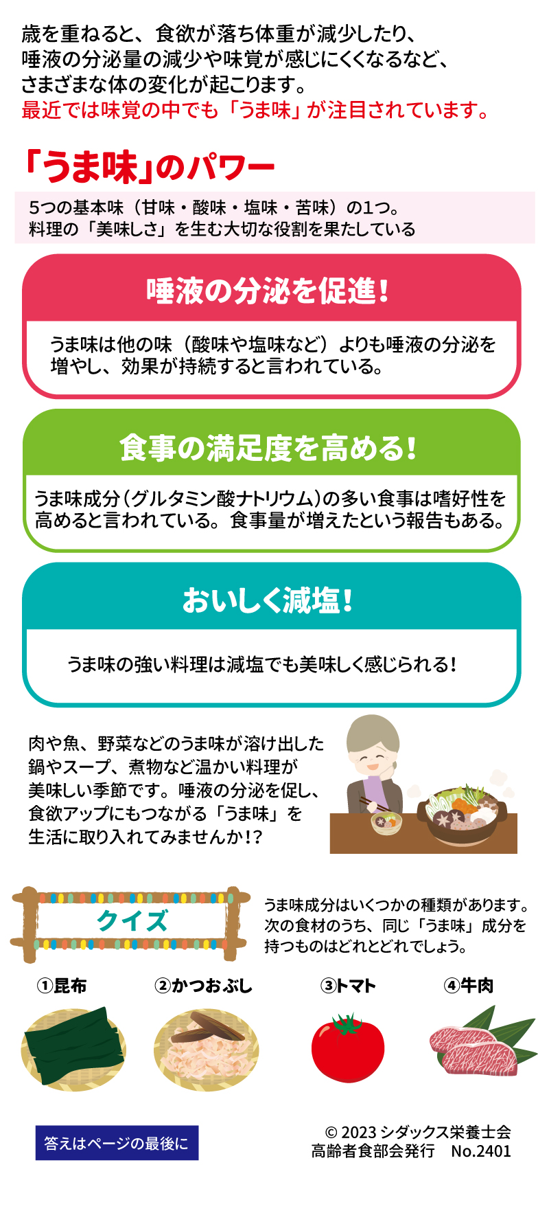 「うま味」のパワー ５つの基本味（甘味・酸味・塩味・苦味）の１つ。料理の「美味しさ」を生む大切な役割を果たしている 唾液の分泌を促進！ うま味は他の味（酸味や塩味など）よりも唾液の分泌を増やし、効果が持続すると言われている。 食事の満足度を高める！ うま味成分（グルタミン酸ナトリウム）の多い食事は嗜好性を高めると言われている。 お粥にうま味成分を入れることで食事量が増えたという報告もある。 おいしく減塩！ うま味の強い料理は減塩でも美味しく感じられる！ 肉や魚、野菜などのうま味が溶け出した鍋やスープ、煮物など温かい料理が美味しい季節です。美味しいだけではない、「うま味」を生活に取り入れてみませんか！？ うま味成分はいくつかの種類があります。次の食材のうち、同じ「うま味」成分を持つものはどれとどれでしょう。 ①昆布　②かつおぶし　③トマト　④牛肉　答えはページの最後に