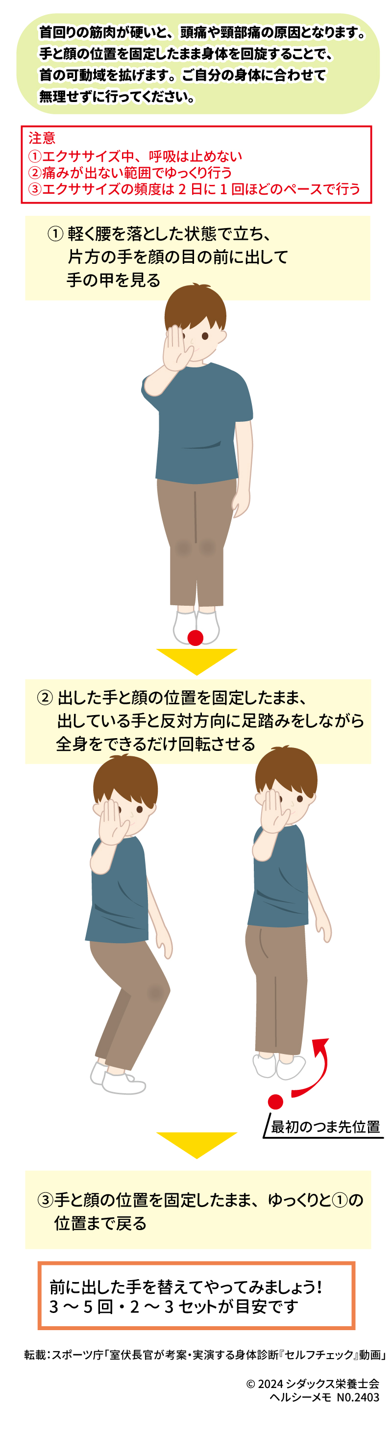 レッツエクササイズ!首の可動性 首回りの筋肉が硬いと、頭痛や頸部痛の原因となります。 手と顔の位置を固定したまま身体を回旋することで、首の可動域を拡げます。ご自分の身体に合わせて無理せずに行ってください。 ① 軽く腰を落とした状態で立ち、片方の手を顔の目の前に出し、手の甲を見る ② 出した手と顔の位置を固定したまま、出している手と反対方向に足踏みをしながら全身をできるだけ回転させる ③手と顔の位置を固定したまま、ゆっくりと①の位置まで戻る 前に出した手を替えてやってみましょう!3~5回・2~3セットが目安です