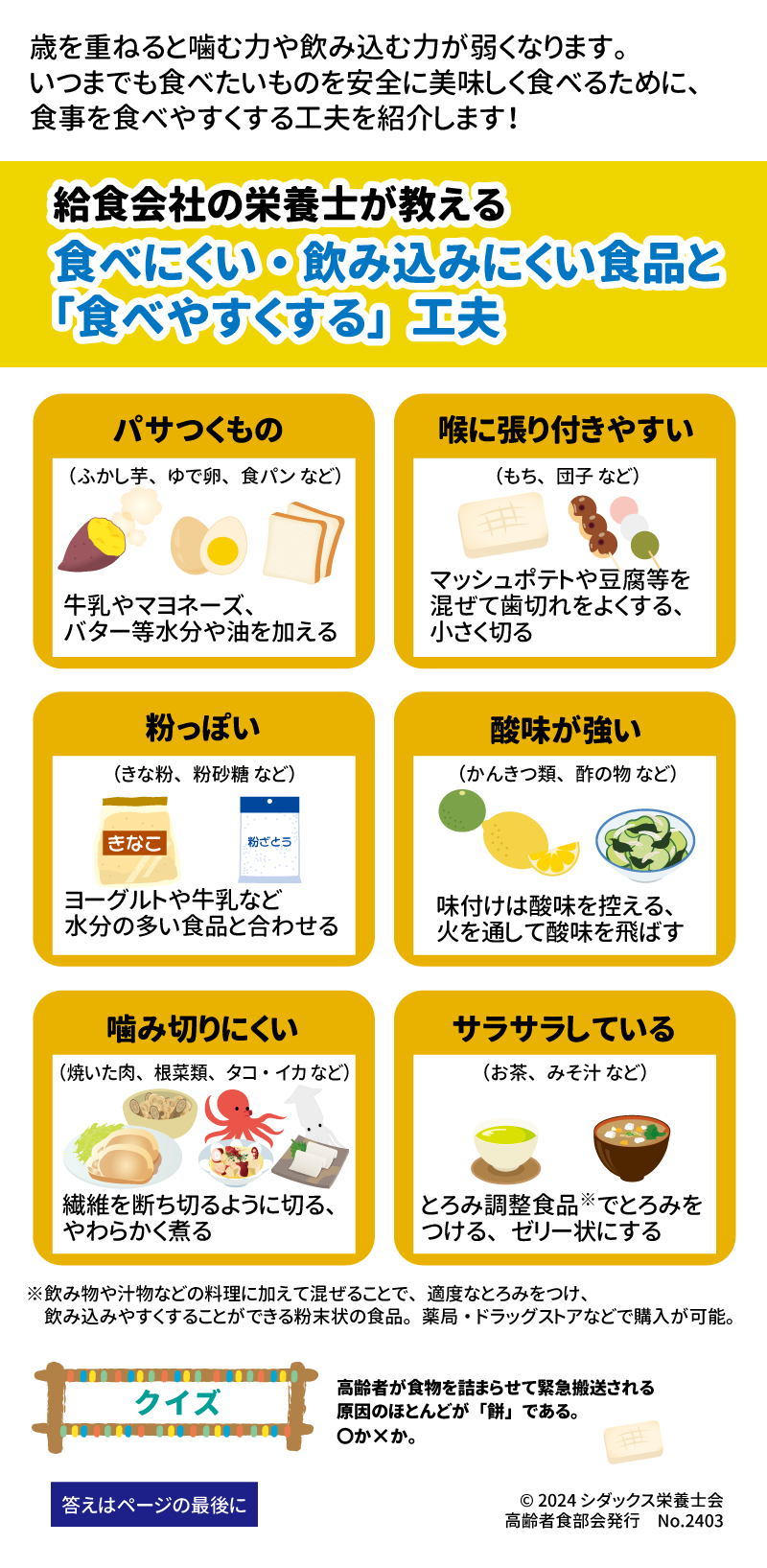 しっかり食べていつまでもいきいき元気に！ー食事を食べやすくする工夫ー 歳を重ねると噛む力や飲み込む力が弱くなります。 いつまでも食べたいものを安全に美味しく食べるために、食事を食べやすくする工夫を紹介します！ 給食会社の栄養士が教える 食べにくい・飲み込みにくい食品と「食べやすくする」工夫 パサつくもの ふかし芋、ゆで卵、食パン 牛乳やマヨネーズ、バター等水分や油を加える 喉に張り付きやすい もち、団子 マッシュポテトや豆腐等を混ぜて歯切れをよくする、小さく切る 粉っぽい きな粉、粉砂糖のついたクッキー ヨーグルトや牛乳など水分の多い食品と合わせる 酸味が強い 酢の物、かんきつ類 味付けは酸味を控える、火を通して酸味を飛ばす 噛み切りにくい 厚切りポークソテー、ごぼうレンコンの煮物、タコ・イカ 繊維を断ち切るように切る、やわらかく煮る サラサラしている 緑茶、味噌汁 とろみ調整食品※でとろみをつける、ゼリー状にする ※飲み物や汁物などの料理に加えて混ぜることで、適度なとろみをつけ、飲み込みやすくすることができる粉末状の食品。薬局・ドラッグストアなどで購入が可能。 クイズ　高齢者が食物を詰まらせて緊急搬送される原因のほとんどが「餅」である。〇か×か。 答えはページの最後に