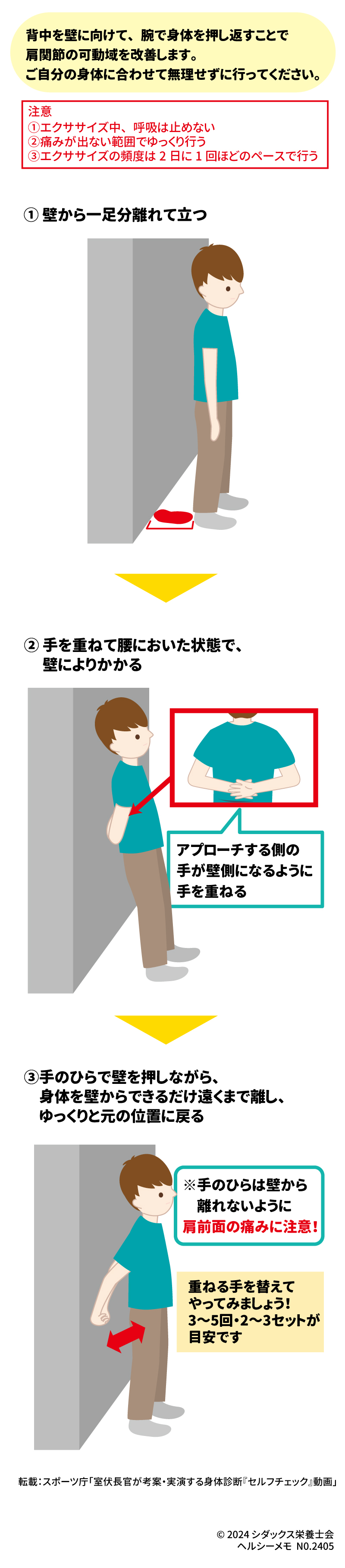 LET’S TRY レッツエクササイズ!肩の可動性 背中を壁に向けて、腕で身体を押し返すことで肩関節の可動域を改善します。ご自分の身体に合わせて無理せずに行ってください。 注意 ①エクササイズ中、呼吸は止めない ②痛みが出ない範囲でゆっくり行う ③エクササイズの頻度は2日に1回ほどのペースで行う ①壁から一足分離れて立つ ②手を重ねて腰においた状態で、壁によりかかる ③手のひらで壁を押しながら、身体を壁からできるだけ遠くまで離し、ゆっくりと元の位置にる