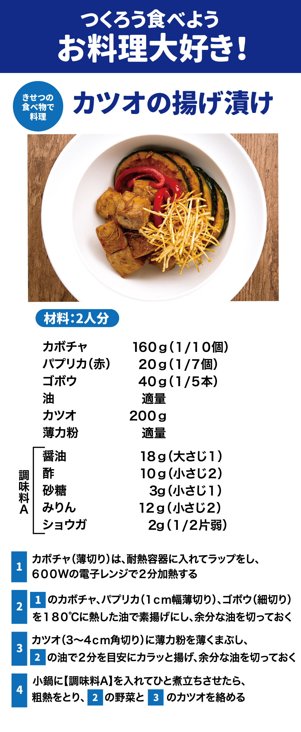 つくろう食べようお料理大好き！ きせつの食べ物で料理 カツオの揚げ漬け 材料：2人分 かぼちゃ　　　　　　160g（1/10個） パプリカ（赤）　　　20g（1/7個） ゴボウ　　　　　　　40g（1/5本） 油　　　　　　　　　適量 カツオ　　　　　　　200g 薄力粉　　　　　　　適量 【調味料A】 醤油　　　18g（大さじ１） 酢　　　　10g（小さじ２） 砂糖　　　３ｇ（小さじ１） みりん　　12g（小さじ２） ショウガ　2g（1/2片弱）  ①カボチャ（薄切り）は、耐熱容器に入れてラップをし、６００Wの電子レンジで2分加熱する ②①のカボチャ、パプリカ（1㎝幅薄切り）、ゴボウ（細切り）を180℃に熱した油で素揚げにし、余分な油を切っておく ③カツオ（3～4㎝角切り）に薄力粉を薄くまぶし、②の油で2分を目安にカラッと揚げ、余分な油を切っておく ④小鍋に【調味料A】を入れてひと煮立ちさせたら、粗熱をとり、②の野菜と③のカツオを絡める