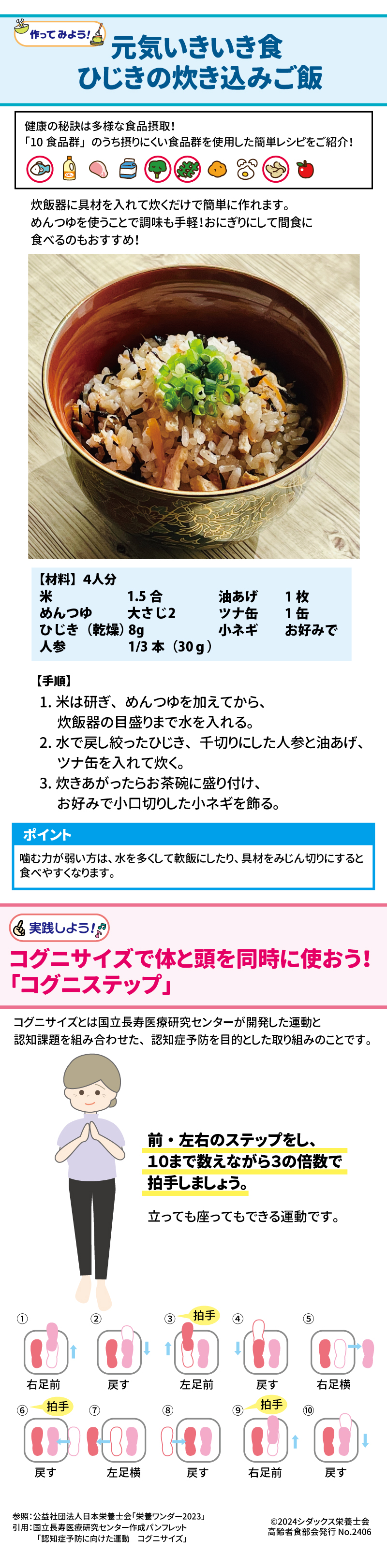 元気いきいき食 ひじきの炊き込みご飯 健康の秘訣は多様な食品摂取！ 「１０食品群」のうち摂りにくい食品群を使用した簡単レシピをご紹介！ １０食品群チェックとは→ 炊飯器に具材を入れて炊くだけで簡単に作れます。 めんつゆを使うことで調味もお手軽！おにぎりにして間食に食べるのもおすすめ！ 【材料】４人分 米　1.5合 めんつゆ　大さじ２ ひじき(乾燥)　８g 人参　1/3本(３０g) 油揚げ　１枚 ツナ缶　1缶 小ネギ　お好みで 【手順】 １．	米は研ぎ、めんつゆを加えてから、炊飯器の目盛りまで水を入れる。 ２．	水で戻した絞ったひじき、千切りにした人参と油揚げ、ツナ缶を入れて炊く。 ３．	炊きあがったらお茶碗に盛り付け、お好みで小口切りにした小ねぎを飾る。 ポイント 嚙む力が弱い方は、水を多くして軟飯にしたり、具材をみじん切りにすると食べやすくなります。  実践しよう　コグニサイズで体と頭を同時に使おう！「コグニステップ」 コグニサイズとは国立長寿医療研究センターが開発した運動と認知課題を組み合わせた、認知症予防を目的とした取り組みのことです。 前・左右のステップをし、10まで数えながら3の倍数で拍手しましょう。 立っても座ってもできる運動です。 右足前　戻す　左足前　戻す　右足横　戻す　左足横　戻す　右足前　戻す  参照：公益社団法人日本栄養士会「栄養ワンダー2023」 引用：国立長寿医療研究センター作成パンフレット「認知症予防に向けた運動　コグニサイズ」