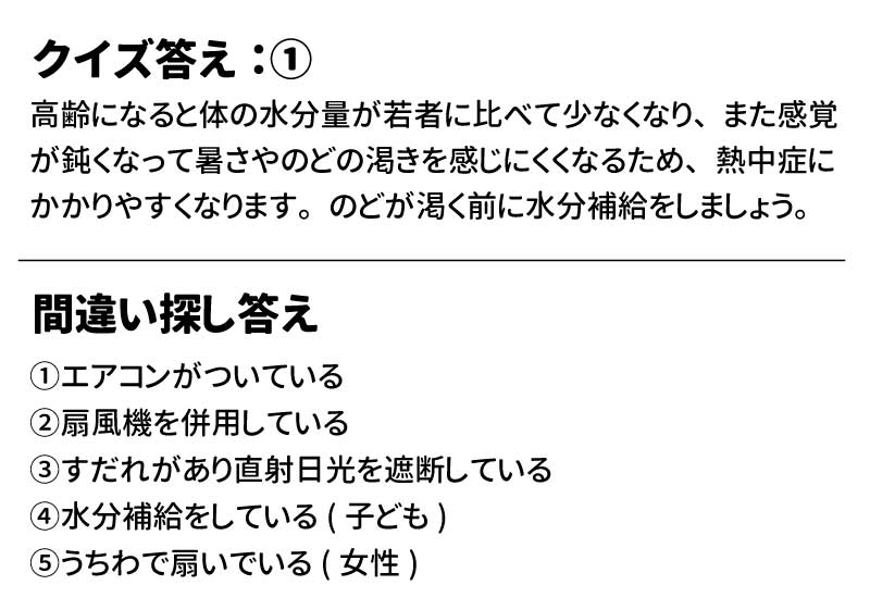 答え：①エアコンがついている、②扇風機を併用している、③すだれがあり直射日光を遮断している、④水分補給をしている(子ども)、うちわで扇いでいる(女性)