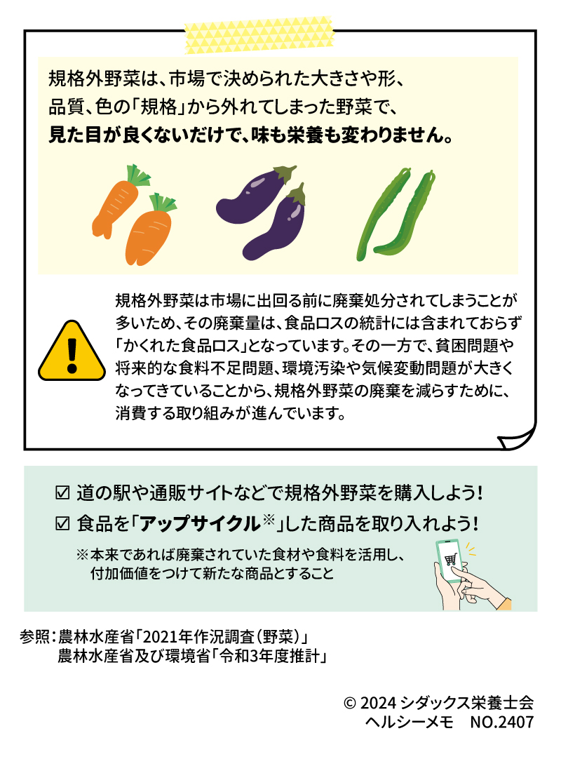 規格外野菜は、市場で決められた大きさや形、品質、色の「規格」から外れてしまった野菜で、見た目が良くないだけで、味も栄養も変わりません。 規格外野菜は市場に出回る前に廃棄処分されてしまうことが多いため、その廃棄量は、食品ロスの統計には含まれておらず「隠れた食品ロス」となっています。その一方で、貧困問題や将来的な食糧不足問題、環境汚染や気候変動問題が大きくなってきていることから、規格外野菜の廃棄を減らすために、消費する取り組みが進んでいます。 道の駅や通販サイトなどで規格外野菜を購入しよう！ 食品を「アップサイクル※」した商品を取り入れよう！ ※本来であれば廃棄されていた食材や食料を活用し、付加価値をつけて新たな商品とすること 参照：農林水産省「2021年作況調査(野菜)」 　　　農林水産省及び環境省「令和3年度推計」