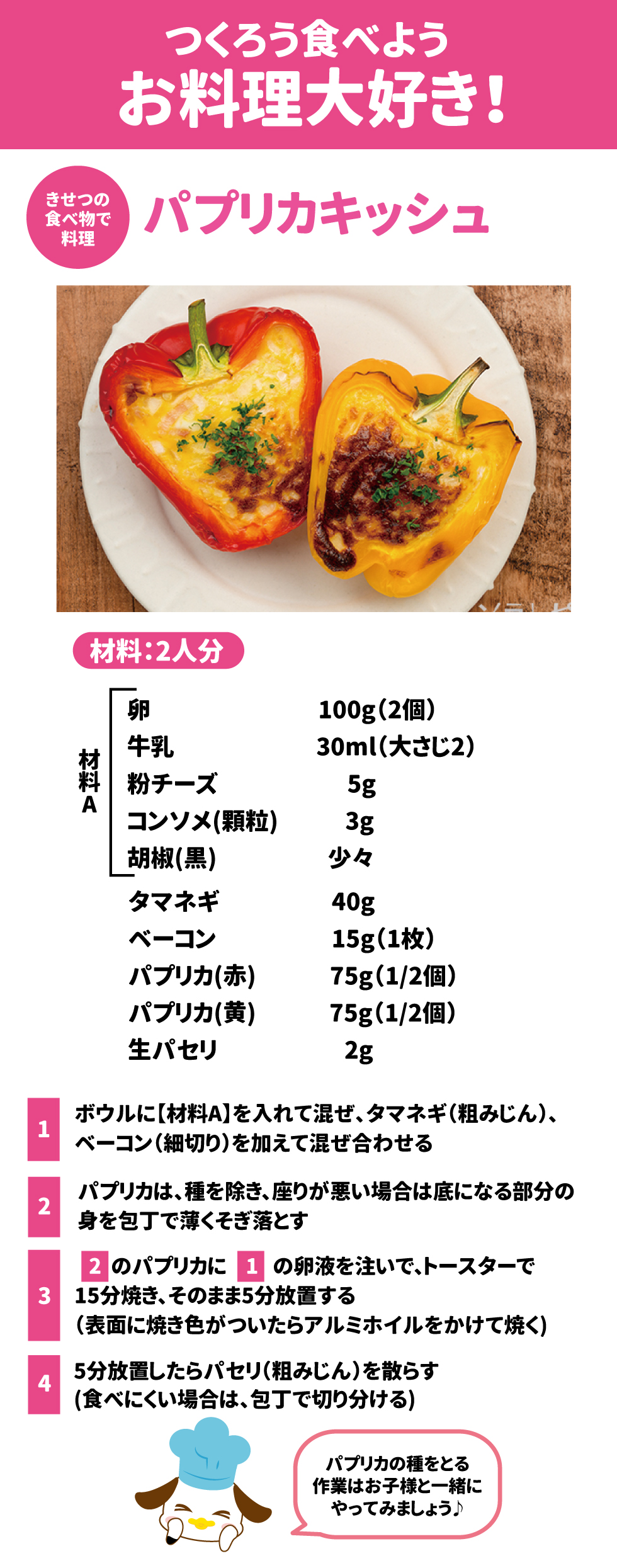 つくろう食べようお料理大好き！ きせつの食べ物で料理　パプリカキッシュ 材料2人分 卵　100g（2個） 牛乳　30ml(大さじ２) 粉チーズ　５ｇ コンソメ(顆粒)　３ｇ 胡椒(黒)　少々 玉ねぎ　４０ｇ ベーコン　１５ｇ(1枚) パプリカ(赤)　75g(1/2個) パプリカ(黄)　75g(1/2個) 生パセリ　2g ①ボウルに【材料A】を入れて混ぜ、タマネギ(粗みじん)、ベーコン(ン細切り)を加えて混ぜ合わせる ②パプリカは、種を除き、座りが悪い場合はそこになる部分の身を包丁で薄くそぎ落とす ③②のパプリカに①の卵液を注いで、トースターで15分焼き、そのまま5分放置する ④5分放置したらパセリ(粗みじん)を散らす(食べにくい場合は、包丁で切り分ける)