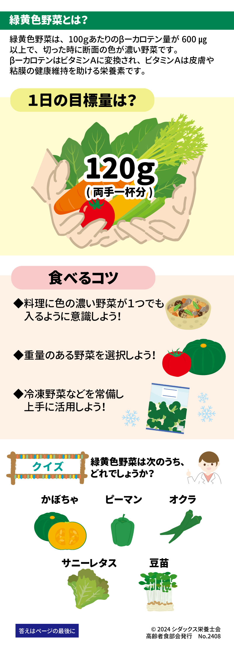 緑黄色野菜を食べて元気いきいき！ 健康長寿を支える大切な「あうこと」「しること」「たべること」を中心とした、健康情報を毎月お届け！ 緑黄色野菜とは？ 緑黄色野菜は、100gあたりのβ-カロテン量が600μg以上で、切ったときに断面の色が濃い野菜です。β-カロテンはビタミンAに変換され、ビタミンAは皮膚や粘膜の健康維持を助ける栄養素です。 1日の目標量は？ 120g(両手一杯分) 食べるコツ ◆料理に色の濃い野菜が1つでも入るように意識しよう！ ◆重量のある野菜を選択しよう！ ◆冷凍野菜などを常備し上手に活用しよう！  クイズ　緑黄色野菜はつぎのうち、どれでしょうか？ かぼちゃ　ピーマン　オクラ　サニーレタス　豆苗
