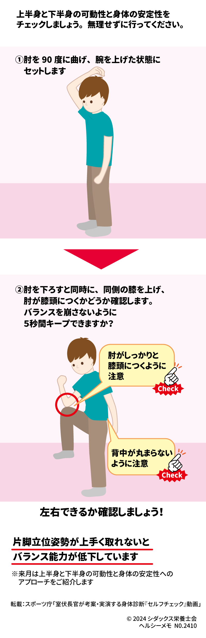LET‘s TRY セルフチェック!上半身と下半身の可動性と身体の安定性 上半身と下半身の可動性と身体の安定性をチェックしましょう。 無理せずに行ってください。 ①肘を90度に曲げ、腕を上げた状態にセットします ②肘を下すと同時に、同側の膝を上げ、肘が膝頭につくかどうか確認します。バランスを崩さないように5秒間キープできますか? 肘がしっかりと膝頭につくように注意 背中が丸まらないように注意 左右できるか確認しましょう! 詳しい動きはこちら 片脚立位姿勢が上手く取れないとバランス能力が低下しています ※来月は上半身と下半身の可動性と身体の安定性へのアプローチをご紹介します 転載:スポーツ庁「室伏長官が考案・実演する身体診断『セルフチェック』動画」