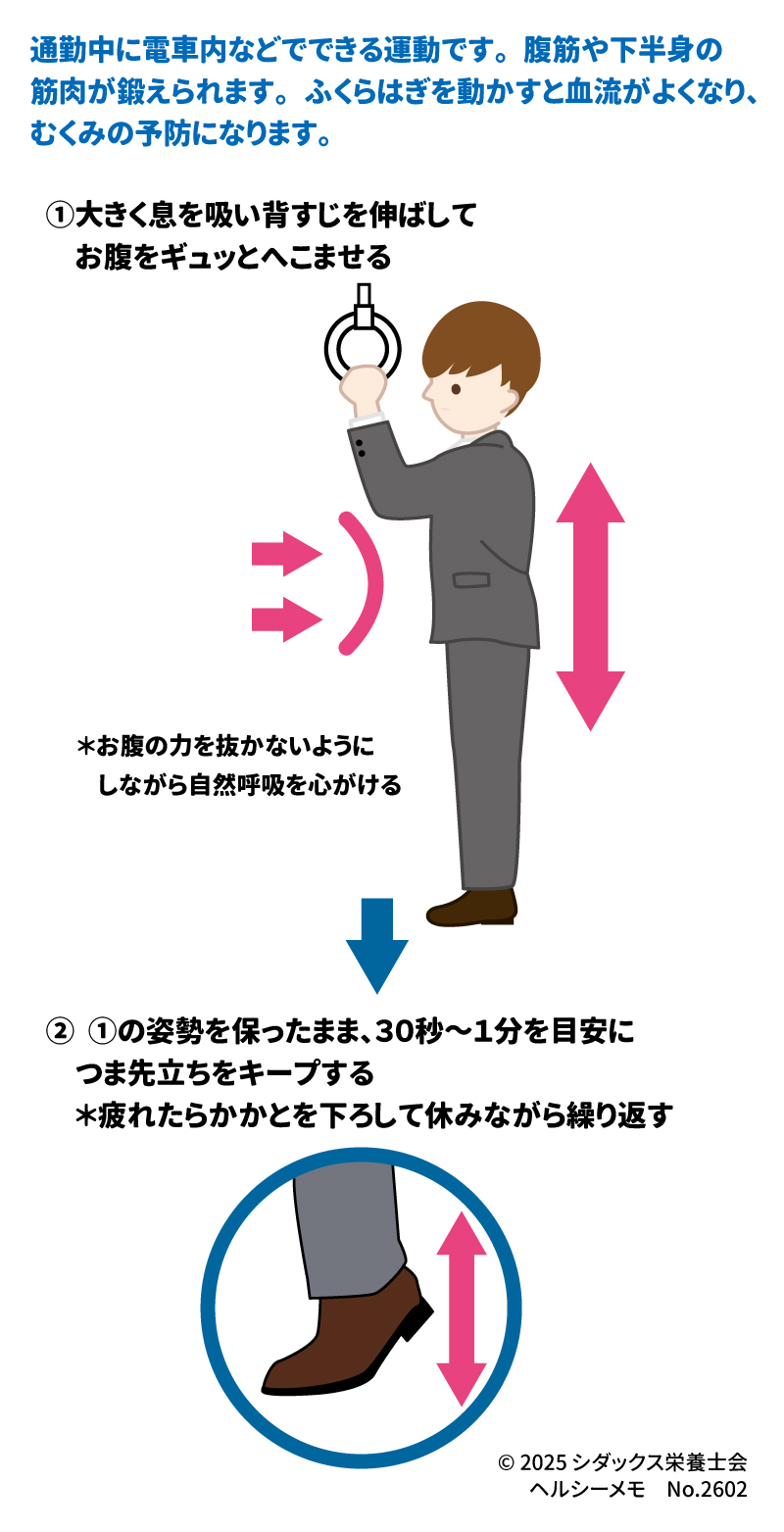 1.	大きく息を吸い背すじを伸ばしてお腹をギュッとへこませる &bull;	お腹の力を抜かないようにしながら自然呼吸を心がける 2.	①の姿勢を保ったまま、30秒〜1分を目安につま先立ちをキープする &bull;	疲れたらかかとを下ろして休みながら繰り返す &copy; 2025 シダックス栄養士会 ヘルシーメモ No.2602