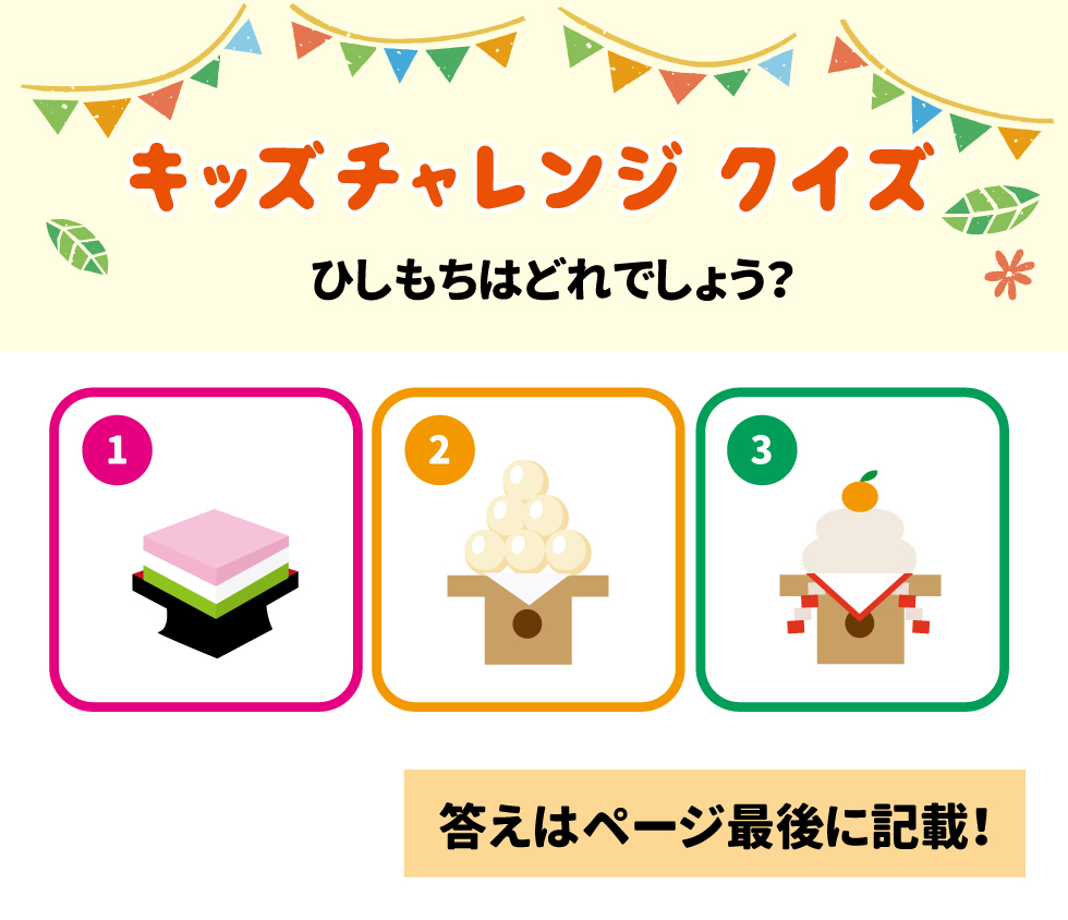 キッズチャレンジ クイズ * ひしもちはどれでしょう? モグちゃんと一緒に学ぼう! 子ども食育 モグちゃんの食育ぬりえや「朝ごはん」について 学べる情報はこちら! 1 2 3 ①: &copy; 2026 シダックス栄養士会 No.2603