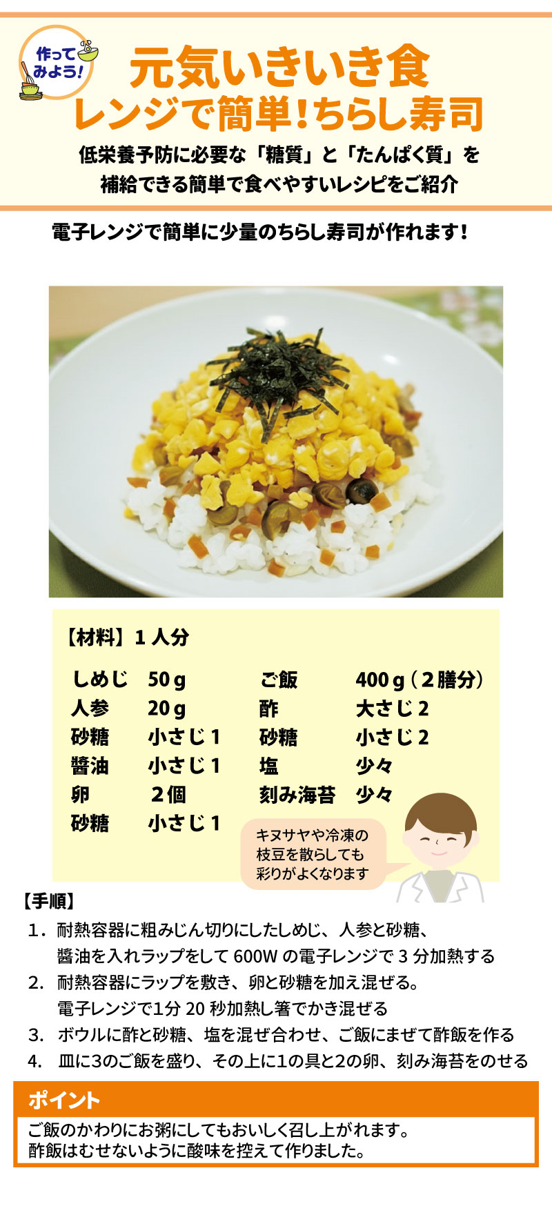 作ってみよう! 元気いきいき食 レンジで簡単! ちらし寿司 低栄養予防に必要な「糖質」と「たんぱく質」を補給できる簡単で食べやすいレシピをご紹介 電子レンジで簡単に少量のちらし寿司が作れます! 【材料】1人分 ご飯 400g(2膳分) 酢 大さじ2 砂糖 小さじ2 塩 少々 刻み海苔 少々 しめじ 50g 人参 20 g 砂糖 小さじ1 醬油 小さじ1 卵 2個 砂糖 小さじ1 キヌサヤや冷凍の 枝豆を散らしても 彩りがよくなります 【手順】 1.	耐熱容器に粗みじん切りにしたしめじ、人参と砂糖、醤油を入れラップをして600Wの電子レンジで3分加熱する 2.	耐熱容器にラップを敷き、卵と砂糖を加え混ぜる。電子レンジで1分20秒加熱し箸でかき混ぜる 3.	ボウルに酢と砂糖、塩を混ぜ合わせ、ご飯にまぜて酢飯を作る 4.	皿に3のご飯を盛り、その上に1の具と2の卵、刻み海苔をのせる  ポイント ご飯のかわりにお粥にしてもおいしく召し上がれます。酢飯はむせないように酸味を控えて作りました。