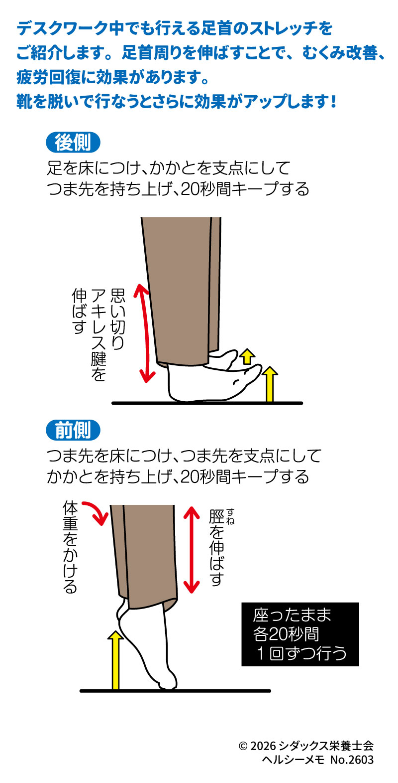 デスクワーク中にできるながら運動 むくみ解消！ 足首ストレッチ  デスクワーク中でも行える足首のストレッチをご紹介します。  足首周りを伸ばすことで、むくみ改善、疲労回復に効果があります。靴を脱いで行なうとさらに効果がアップします！  後側  足を床につけ、かかとを支点にして つま先を持ち上げ、20秒間キープする  前側  つま先を床につけ、つま先を支点にして かかとを持ち上げ、20秒間キープする  伸ばす アキレス腱を 思い切り すね 脛を伸ばす 体重をかける 座ったまま 各20秒間 1回ずつ行う  SHIDAX 未来の子供たちのために  &copy; 2026 シダックス栄養士会  ヘルシーメモ No.2603