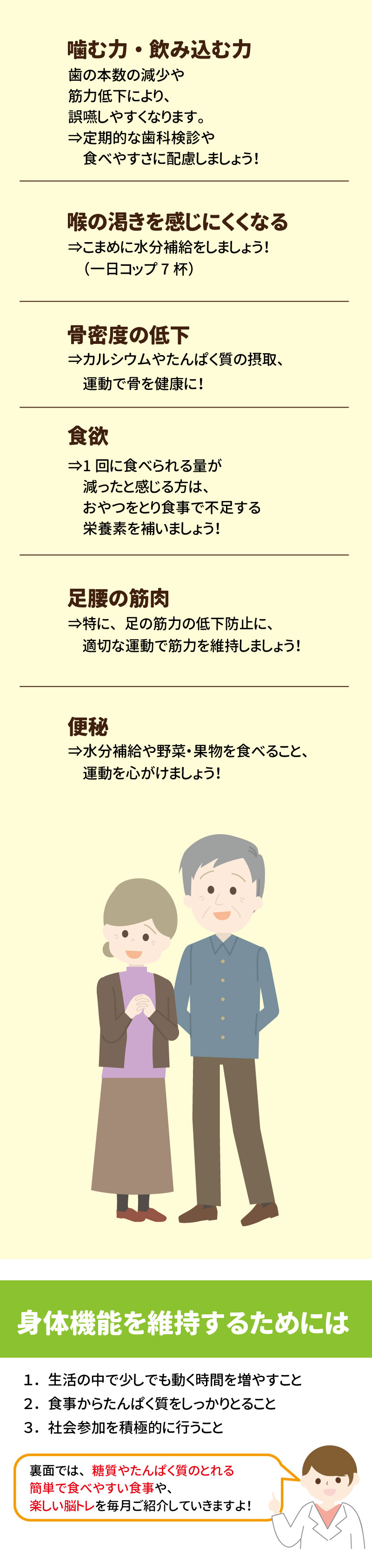 歳を重ねることでの体の変化と対策 健康長寿を支える「あうこと」「歩くこと」「たべること」を中心とした健康情報です。 1 2 &bull;	噛む力・飲み込む力：歯の本数の減少や筋力低下により、誤嚥しやすくなります。定期的な歯科検診を受け、食べやすさに配慮しましょう。 3 4 &bull;	食欲：1回に食べられる量が減ったと感じる場合は、おやつで不足する栄養素を補いましょう。 5 &bull;	喉の渇き：喉の渇きを感じにくくなるため、一日コップ7杯を目安にこまめに水分補給をしましょう。 6 &bull;	足腰の筋肉：特に足の筋力低下を防止するため、適切な運動で筋力を維持しましょう。 7 &bull;	骨密度の低下：カルシウムやたんぱく質の摂取と運動で、骨を健康に保ちましょう。 8 &bull;	便秘：水分補給、野菜・果物の摂取、運動を心がけましょう。 9 身体機能を維持するための3つのポイント： 10 1.	生活の中で少しでも動く時間を増やす。 11 2.	食事からたんぱく質をしっかりとる。 12 3.	社会参加を積極的に行う。