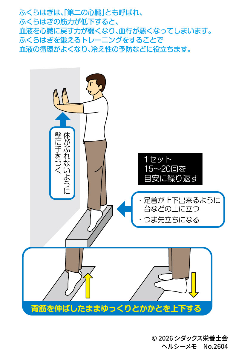 筋肉を維持しよう！ふくらはぎを鍛えるトレーニング ふくらはぎは「第二の心臓」と呼ばれています。 筋力が低下すると血液を心臓に戻す力が弱まり、血行が悪くなりますが、トレーニングで鍛えることで血行が改善し、冷え性の予防などに役立ちます。 12 13 &bull;	トレーニング方法: &bull;	体がぶれないように壁に手を突き、台などの上に立ちます。 14 &bull;	背筋を伸ばしたまま、つま先立ちになるようにゆっくりとかかとを上下させます。 15 &bull;	回数の目安: 15〜20回を1セットとして繰り返します。 16 参照：厚生労働省 保健指導における学習教材集（確定版）「D-27 歩く時のポイント」、シダックス栄養士会 1