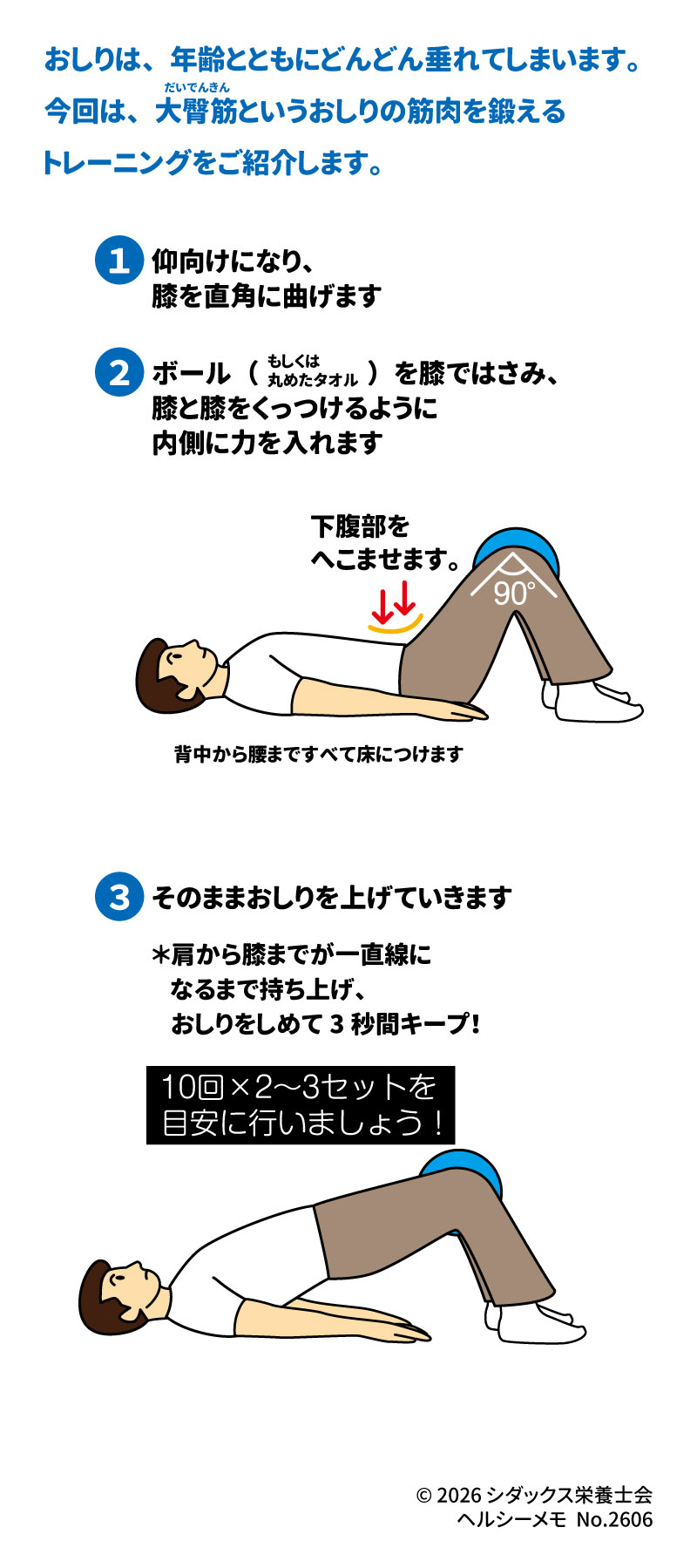 &bull;	トレーニング: おしりを鍛えるトレーニング（大臀筋のトレーニング） 12 &bull;	おしりは年齢とともに垂れてしまうため、筋肉の維持を推奨しています。 13 &bull;	手順: 1.	仰向けになり、膝を直角に曲げ、背中から腰まで床につけます。 14 2.	ボールや丸めたタオルを膝ではさみ、内側に力を入れ、下腹部をへこませます。 15 3.	肩から膝が一直線になるまでおしりを上げ、3秒間キープします。 16 &bull;	目安: 10回&times;2〜3セット。 17 &bull;	その他: &bull;	ヘルシーメモ No.2606 18 &bull;	&copy; 2026 シダックス栄養士会 18 &bull;	SHIDAX 未来の子供たちのために