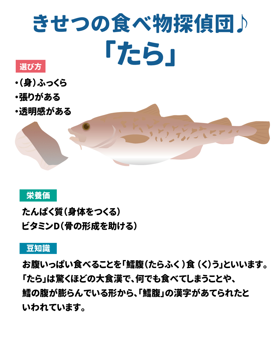 きせつの食べ物探偵団♪「たら」 選び方 ・（身）ふっくら ・張りがある ・透明感がある 栄養価 たんぱく質（身体をつくる） ビタミンD(骨の形成を助ける) 豆知識 お腹いっぱい食べることを「鱈腹(たらふく)食(く)う」といいます。「たら」は驚くほどの大食漢で、何でも食べてしまうことや、鱈の腹が膨らんでいる形から、「鱈腹」の漢字があてられたといわれています。