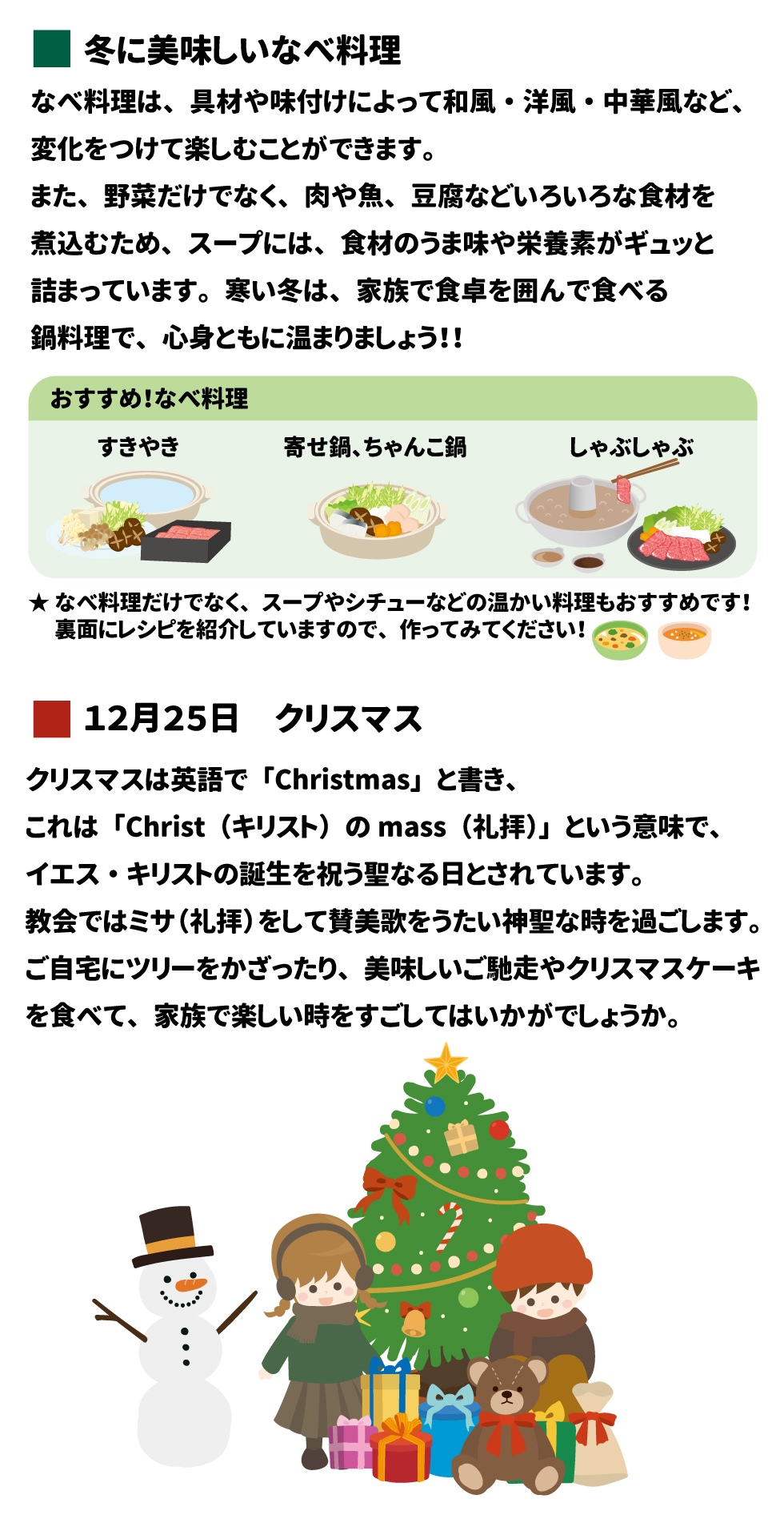 🍲 冬に美味しいなべ料理 4 なべ料理は、具材や味付けによって和風・洋風・中華風など、変化をつけて楽しむことができます 5。また、野菜だけでなく、肉や魚、豆腐などいろいろな食材を煮込むため、スープには、食材のうま味や栄養素がギュッと詰まっています 6。寒い冬は、家族で食卓を囲んで食べる鍋料理で、心身ともに温まりましょう!! 7 •	おすすめ！なべ料理 8 o	すきやき 9 o	寄せ鍋、ちゃんこ鍋 10 o	しゃぶしゃぶ 11 ★なべ料理だけでなく、スープやシチューなどの温かい料理もおすすめです！裏面にレシピを紹介していますので、作ってみてください！ 12 🎄 12月25日 クリスマス 13 クリスマスは英語で「Christmas」と書き、これは「Christ (キリスト) の mass (礼拝)」という意味で、イエス・キリストの誕生を祝う聖なる日とされています 14。教会ではミサ(礼拝)をして賛美歌をうたい神聖な時を過ごします 15。ご自宅にツリーをかざったり、美味しいご馳走やクリスマスケーキを食べて、家族で楽しい時をすごしてはいかがでしょうか 16。
