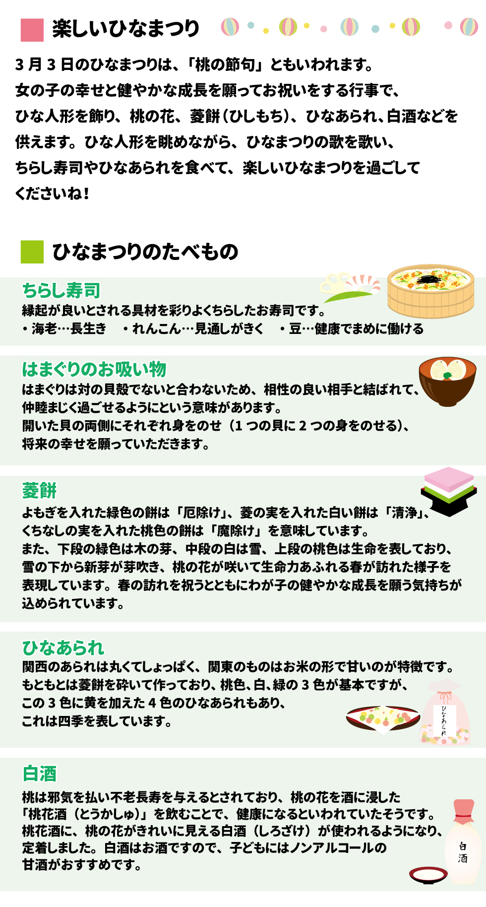 楽しいひなまつり 3月3日のひなまつりは、「桃の節句」ともいわれます。女の子の幸せと健やかな成長を願ってお祝いをする行事で、ひな人形を飾り、桃の花、菱餅（ひしもち）、ひなあられ、白酒などを供えます。ひな人形を眺めながら、ひなまつりの歌を歌い、ちらし寿司やひなあられを食べて、楽しいひなまつりを過ごしてくださいね！  ひなまつりのたべもの ちらし寿司 縁起が良いとされる具材を彩りよくちらしたお寿司です。 ・海老…長生き　・れんこん…見通しがきく　・豆…健康でまめに働ける はまぐりのお吸い物 はまぐりは対の貝殻でないと合わないため、相性の良い相手と結ばれて、仲睦まじく過ごせるようにという意味があります。開いた貝の両側にそれぞれ身をのせ(１つの貝に2つの身をのせる)、将来の幸せを願っていただきます。 菱餅 よもぎを入れた緑色の餅は「厄除け」、菱の実を入れた白い餅は「清浄」、くちなしの実を入れた桃色の餅は「魔除け」を意味しています。また、下段の緑色は木の芽、中段の白は雪、上段の桃色は生命を表しており、雪の下から新芽が芽吹き、桃の花が咲いて生命力あふれる春が上段の桃色は生命を表しており、雪の下から新芽が芽吹き、桃の花が咲いて生命力あふれる春が訪れた様子を表現しています。春の訪れを祝うとともにわが子の健やかな成長を願う気持ちが込められています。 ひなあられ 関西のあられは丸くてしょっぱく、関東のものはお米の形で甘いのが特徴です。もともとは菱餅を砕いて作っており、桃色、白、緑の３色が基本ですが、この3色に黄を加えた4色のひなあられもあり、これは四季を表しています。 白酒 桃は邪気を払い不老長寿を与えるとされており、桃の花を酒に浸した「桃花酒(とうかしゅ)」を飲むことで、健康になるといわれていたそうです。桃花酒に、桃の花がきれいに見える白酒(しろざけ)が使われるようになり、定着しました。白酒はお酒ですので、子どもにはノンアルコールの甘酒がおすすめです。