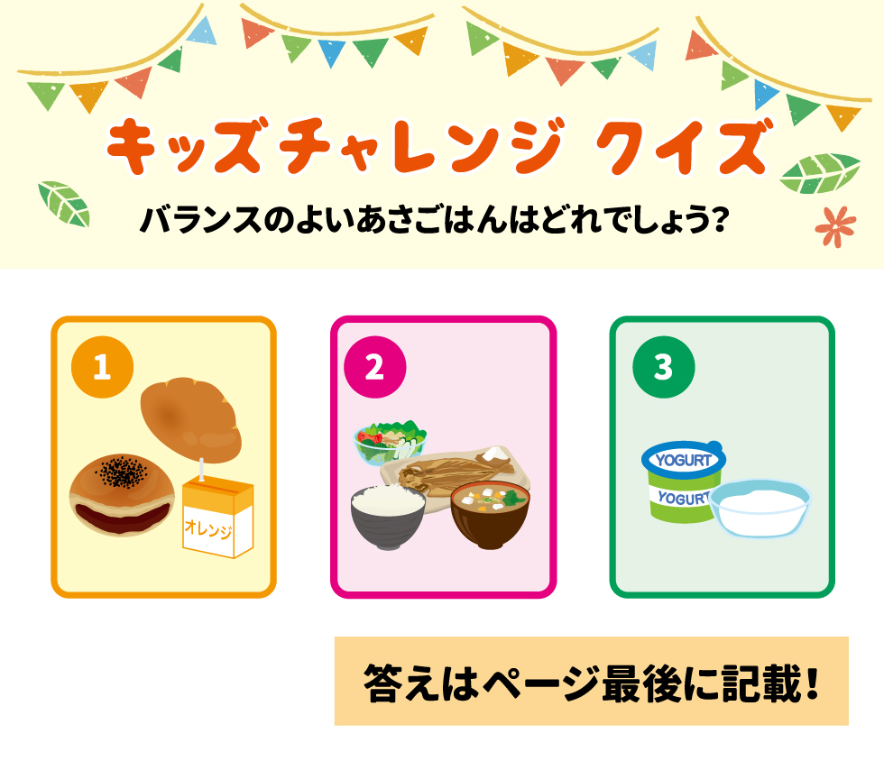 キッズチャレンジクイズ バランスのよいあさごはんはどれでしょう？   答え：② 朝ごはんを食べることにより、1日の身体のリズムを整えることができます！ 主食(ごはん、パン、麺)、主菜(肉、魚、大豆・大豆製品、卵)、副菜(野菜)をそろえることが理想です。   モグちゃんと一緒に学ぼう！子ども食育 モグちゃんの食育ぬりえや「じゃがいも」について学べる情報はこちら！ シダックス栄養士会No.2504