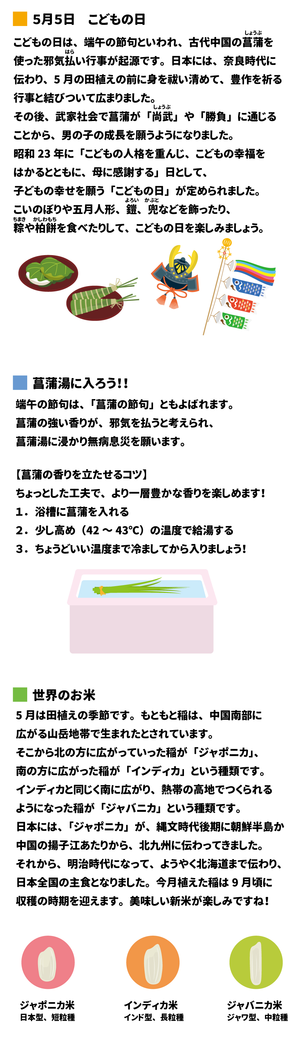 5月5日　こどもの日 こどもの日は、端午の節句といわれ、古代中国の菖蒲を使った邪気払い行事が起源です。日本には、奈良時代に伝わり、5月温田植えの前に身を祓い清めて、豊作を祈る行事と結びついて広まりました。その後、武家社会で菖蒲が「尚武」や「勝負」に通じることから、男の子の成長を願うようになりました。昭和２３年に「こどもの人権を重んじ、こどもの幸福をはかるとともに、母に感謝する」日として、子どもの幸せを願う「こどもの日」が定められました。こいのぼりや五月人形、鎧、兜などを飾ったり、粽や柏餅を食べたりして、こどもの日を楽しみましょう。  菖蒲湯に入ろう！！ 端午の節句は、「菖蒲の節句」ともよばれます。菖蒲の強い香りが、邪気を払うと考えられ、菖蒲湯に浸かり無病息災を願います。 【菖蒲の香りを立たせるコツ】 ちょっとした工夫で、より一層豊かな香りを楽しめます！ １．	浴槽に菖蒲を入れる ２．	少し高め(42～43℃)の温度で給湯する ３．	ちょうどいい温度まで冷ましてから入りましょう！  世界のお米 5月は田植えの季節です。もともと稲は、中国南部に広がる山岳地帯で生まれたとされています。そこから北の方に広がっていったイネが「ジャポニカ」、南の方に広がった稲が「インディカ」という種類です。インディカと同じく南に広がり、熱帯の高地作られるようになった稲が「ジャバニカ」という種類です。日本には、「ジャポニカ」が、縄文時代後期に朝鮮半島か中国の揚子江あたりから、北九州に伝わってきました。それから、明治時代になって、ようやく北海道まで伝わり、日本全国の主食となりました。今月植えた稲は9月頃に収穫の時期を迎えます。美味しい新米が楽しみですね！ ジャポニカ米　日本型、短粒種 インディカ米　インド型、長粒種 ジャバニカ米　ジャワ型、中粒種