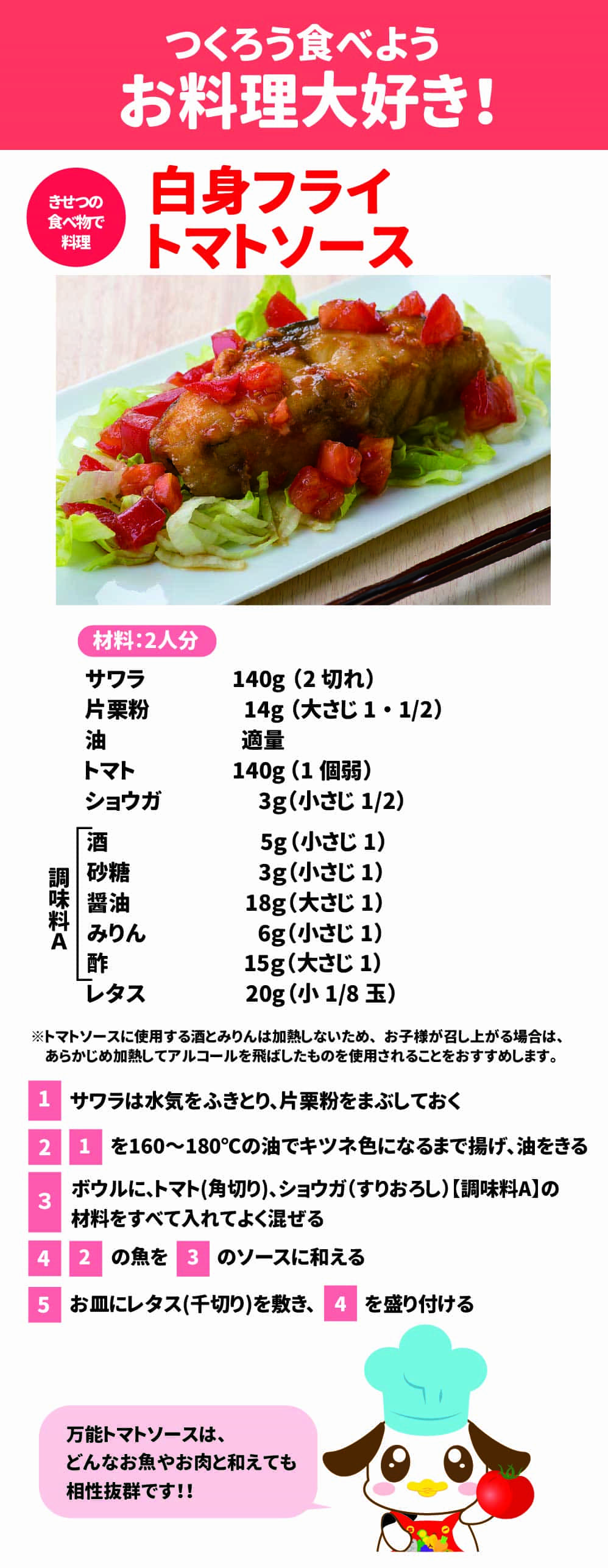 つくろう食べよう　お料理大好き！ きせつの食べ物で料理 白身フライトマトソース 材料：2人分 サワラ　　　　140g （2 切れ） 片栗粉　　 　　14g （大さじ1 ・1/2） 油　　　　　　適量 トマト　　 　　140g （1 個弱） ショウガ　 　　　3ｇ（小さじ1/2） 酒　　　　　　　5g（小さじ1） 砂糖　　 　 　　3ｇ（小さじ1） 醤油　　　 　　18ｇ（大さじ1） みりん　　　　　6ｇ（小さじ1） 酢　　　 　　　15ｇ（大さじ1） レタス　 　　　20g（小1/8 玉） 調味料Ａ 万能トマトソースは、どんなお魚やお肉と和えても相性抜群です！！  ※トマトソースに使用する酒とみりんは加熱しないため、お子様が召し上がる場合は、 　あらかじめ加熱してアルコールを飛ばしたものを使用されることをおすすめします。 1 １サワラは水気をふきとり、片栗粉をまぶしておく ２１を160～180℃の油できつね色になるまで揚げ、油をきる ３ボウルに、トマト(角切り)、ショウガ(すりおろし)【調味料A】の材料をすべて入れてよく混ぜる ４２の魚を3のソースに和える ５お皿にレタス(千切り)を敷き、４を盛り付ける