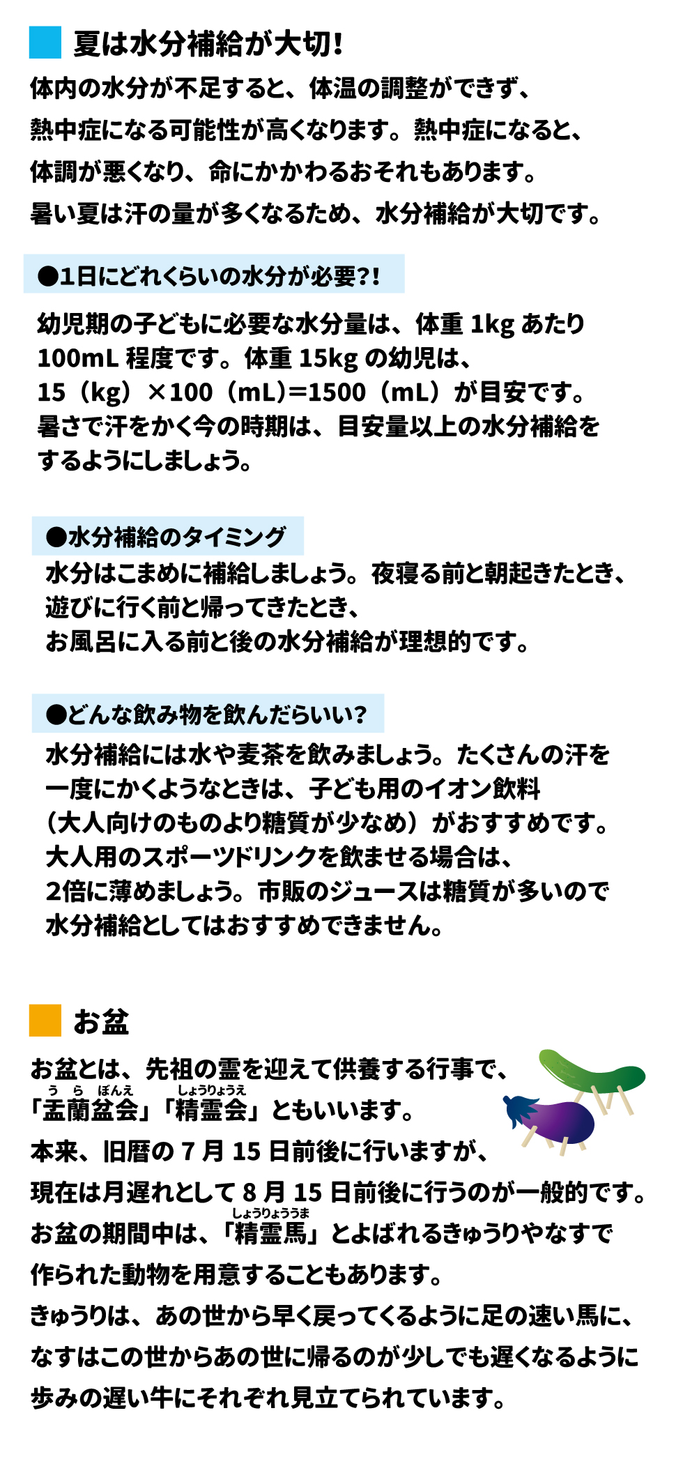 夏は水分補給が大切！  夏は体力の消耗が激しい季節です。体を動かすとたくさん汗をかくため、水分補給を意識し、一日三食を規則正しく摂って、体調を万全にして楽しい夏を過ごしましょう 。体内の水分が不足すると、体温の調整ができず、熱中症になる可能性が高くなります。熱中症は体調を悪くし、命にかかわるおそれもあります。暑い夏は汗の量が多くなるため、水分補給が特に大切です 。 1日にどれくらいの水分が必要？！  幼児期の子どもに必要な水分量は、 体重1kgあたり100mL程度が目安です 。例えば、体重15kgの幼児は、15kg × 100mL =  1500mLが目安となります 。暑さで汗をかく今の時期は、目安量以上の水分補給を心がけましょう 。 水分補給のタイミング  水分はこまめに補給することが重要です 。夜寝る前と朝起きたとき、遊びに行く前と帰ってきたとき、お風呂に入る前と後など、意識的に水分を摂るのが理想的です 。 どんな飲み物を飲んだらいい？  水分補給には 水や麦茶を飲みましょう 。一度にたくさんの汗をかくような場合は、子ども用のイオン飲料（大人向けよりも糖質が少なめ）がおすすめです 。大人用のスポーツドリンクを飲ませる場合は、2倍に薄めてください 。市販のジュースは糖質が多く含まれているため、水分補給としては推奨されません 。 ________________________________________ お盆 (盂蘭盆会・精霊会)  お盆は、先祖の霊を迎えて供養する行事で、「盂蘭盆会（うらぼんえ）」や「精霊会（しょうりょうえ）」とも呼ばれます 。本来は旧暦の7月15日前後に行われますが、現在では月遅れとして8月15日前後に行われるのが一般的です 。お盆の期間中には、「精霊馬（しょうりょううま）」と呼ばれるきゅうりやなすで作られた動物を用意することもあります 。きゅうりはあの世から早く戻ってくるための足の速い馬に、ナスはこの世からあの世に帰るのが少しでも遅くなるための歩みの遅い牛に見立てられています 。