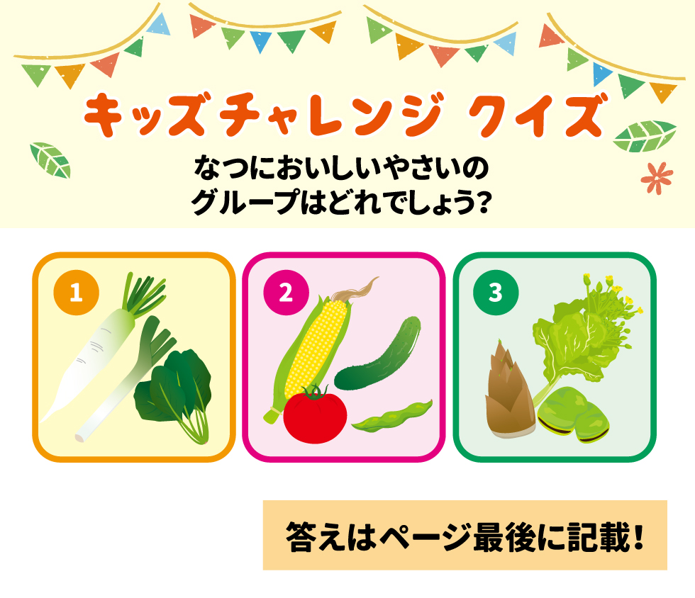 キッズチャレンジ クイズ  夏においしい野菜のグループはどれでしょう？  1.	大根、長ネギ、ほうれん草 2.	とうもろこし、きゅうり、トマト、えだまめ 3.	レタス、たけのこ、そら豆