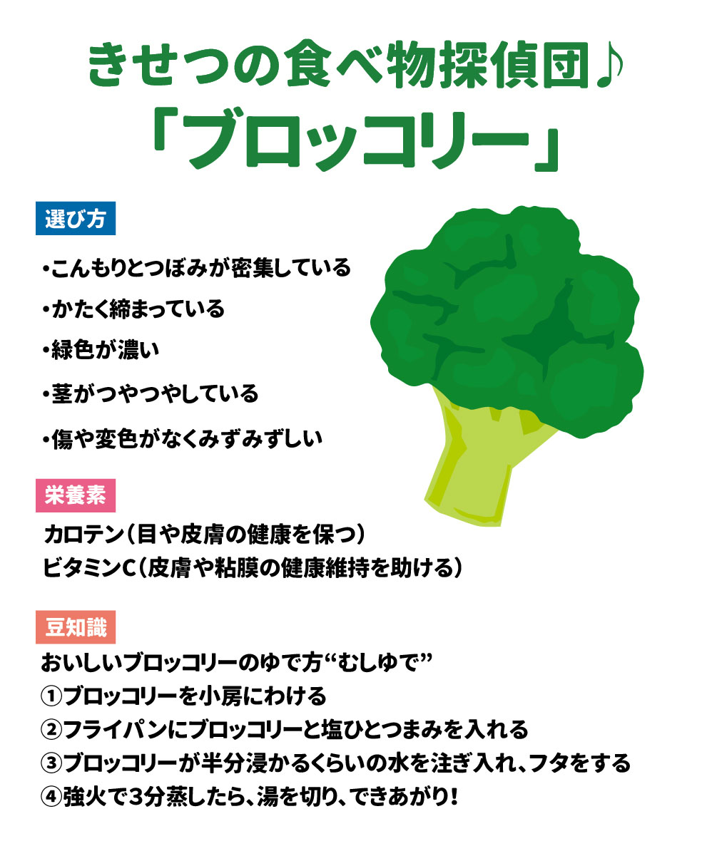 きせつの食べ物探偵団　　　ブロッコリー 選び方　こんもりとつぼみが密集している　　かたく締まっている　　緑色が濃い 　　　　　茎がつやつやしている　　　傷や変色がなくみずみずしい 栄養　カロテン（目や皮膚の健康を保つ）　　　　ビタミンＣ（皮膚や粘膜の健康維持を助ける） 豆知識　　おいしいブロッコリーのゆで方“むしゆで” ①	ブロッコリーを小房にわける ②	フライパンにブロッコリーと塩ひとつまみを入れる ③	ブロッコリーが半分浸かるくらいの水を注ぎ入れ、フタをする ④	強火で３分蒸したら、湯を切り、できあがり！