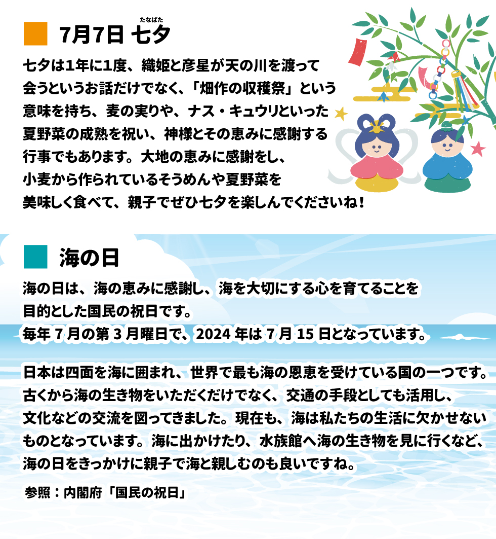 7月7日七夕 七夕は１年に1度、織姫と彦星が天の川を渡って会うというお話だけでなく、「畑作の収穫祭」という意味を持ち、麦の実りや、ナス・キュウリといった夏野菜の成熟を祝い、神様とその恵みに感謝する行事でもあります。大地の恵みに感謝をし、小麦から作られているそうめんや夏野菜を美味しく食べて、親子でぜひ七夕を楽しんでくださいね！ 海の日 海の日は、海の恵みに感謝し、海を大切にする心を育てることを目的とした国民の祝日です。毎年7月の第3月曜日で、2024年は7月15日となっています。 日本は紙面を海に囲まれ、世界で最も海の恩恵を受けている国の一つです。古くから海の生き物をいただくだけでなく、交通の手段としても活用し、文化などの交流を図ってきました。現在も、海は私たちの生活に欠かせないものとなっています。海に出かけたり、ス井戸区間へ海の生き物を見に行くなど、海の日をきっかけに親子で海と親しむのも良いですね。 参照・内閣府「国民の祝日」 