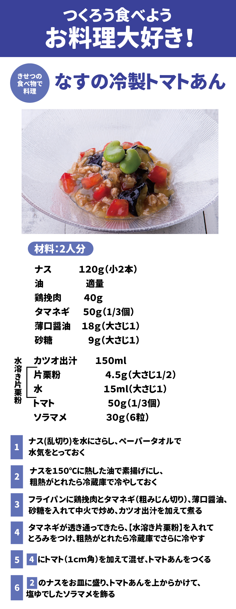つくろう食べようお料理大好き！ きせつの食べ物で料理なすの冷静トマトあん 材料2人分 ナス　120g(小2本) 油　　適量 鶏挽肉　40g タマネギ　50g(1/3個) 薄口醤油　18g(大さじ１) 砂糖　　　9g(大さじ１) カツオ出汁　150ml 水溶き片栗粉 片栗粉　4.5g（大さじ1/2） 水　　　15ml(大さじ１) トマト　50g（1/3個） ソラマメ　30g（6粒）  １．	ナス（乱切り）を水にさらし、ペーパータオルで水気をとっておく ２．	ナスを150℃に熱した油で素揚げにし、粗熱が取れたら冷蔵庫で冷やしておく ３．	フライパンに鶏挽肉とタマネギ（粗みじん切り）、薄口醤油、砂糖を入れて中火で炒め、カツオ出汁を加えて煮る ４．	タマネギが透き通ってきたら、【水溶き片栗粉】を入れてとろみをつけ、粗熱がとれたら冷蔵庫でさらに冷やす ５．	４にトマト（1㎝角）を加えて混ぜ、トマトあんをつくる ６．	2のナスをお皿に盛り、トマトあんを上からかけて、塩ゆでしたソラマメを飾る