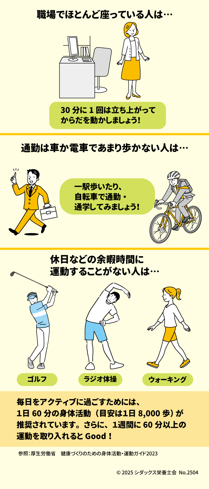 Healthy＋チャレンジ 動き出せ！健康への第一歩！ 職場でほとんど座っている人は… 30分に1回は立ち上がってからだを動かしましょう！ 通勤で車か電車であまり歩かない人は… 一駅歩いたり、自転車で通勤・通学してみましょう！ 休日などの余暇時間に運動することがない人は… ゴルフ　ラジオ体操　ウォーキング 毎日をアクティブに過ごすためには、1日60分の身体活動(目安は1日8,000歩)が推奨されています。さらに、1週間に60分以上の運動を取り入れるとGood！ 健康クイズは、こちらから！ 参考：厚生労働省　健康づくりのための身体活動・運動ガイド2023