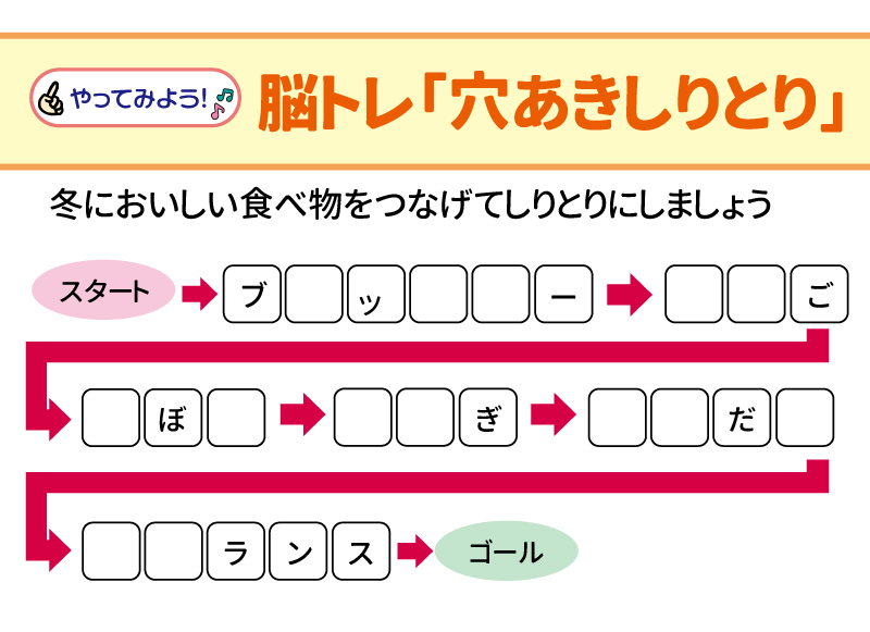 やってみよう！ 脳トレ「穴あきしりとり」 冬においしい食べ物をつなげてしりとりにしましょう スタート→ブロッコリー→りんご→ごぼう→うなぎ→ぎんだら→ラフランス