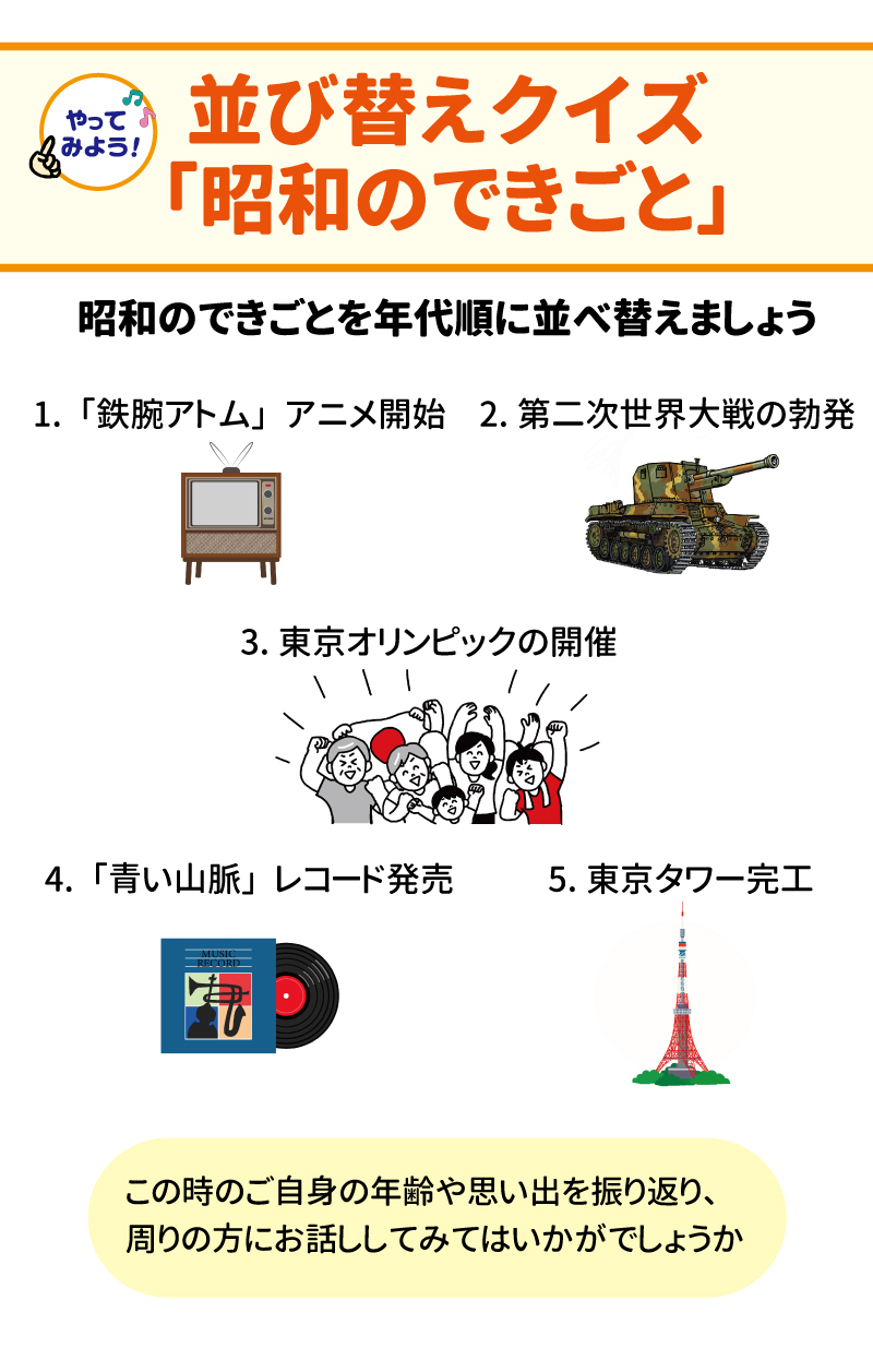 やってみよう！　並び替えクイズ「昭和のできごと」 昭和のできごとを年代順に並べ替えましょう 1．「鉄腕アトム」アニメ開始　２．第二次世界大戦の勃発　３．東京オリンピックの開催　４．「青い山脈」レコード発売　５．東京タワー完工  この時のご自身の年齢や思い出を振り返り、周りの方にお話ししてみてはいかがでしょうか