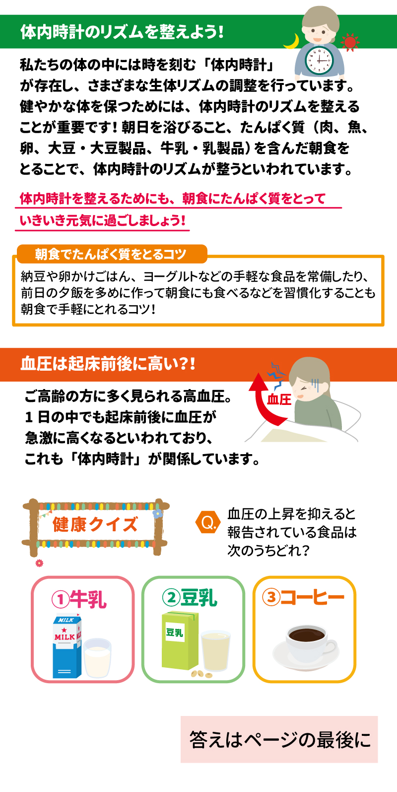 あした健康塾　健康レター　2025年5月号 「体内時計」を整えて元気いきいき！～朝食にたんぱく質をとろう！～ 体内時計のリズムを整えよう！ 私たちの体の中には時を刻む「体内時計」が存在し、さまざまな生体リズムの調整を行っています。健やかな体を保つためには、体内時計のリズムを整えることが重要です！朝日を浴びること、たんぱく質(肉、魚、卵、大豆・大豆製品、牛乳・乳製品)を含んだ朝食をとることで、体内時計のリズムが整うといわれています。  体内時計を整えるためにも、朝食にたんぱく質をとっていきいき元気に過ごしましょう！ 朝食でたんぱく質をとるコツ 納豆や卵かけごはん、ヨーグルトなどの手軽な食品を常備したり、前日の夕飯を多めに作って朝食にも食べるなどを習慣化することも朝食で手軽にとれるコツ！  血圧は起床前後に高い？！ ご高齢の方に多く見られる高血圧。1日の中でも起床前後に血圧が急激に高くなるといわれており、これも「体内時計」が関係しています。  健康クイズ Ｑ.血圧の上昇を抑えると報告されている食品は次のうちどれ？ ①牛乳　②豆乳　③コーヒー  答え：①牛乳 朝1杯の牛乳を飲むことで血圧の上昇を抑えると報告されています。高血圧の人は、朝食で牛乳からたんぱく質を摂取することがおすすめ！