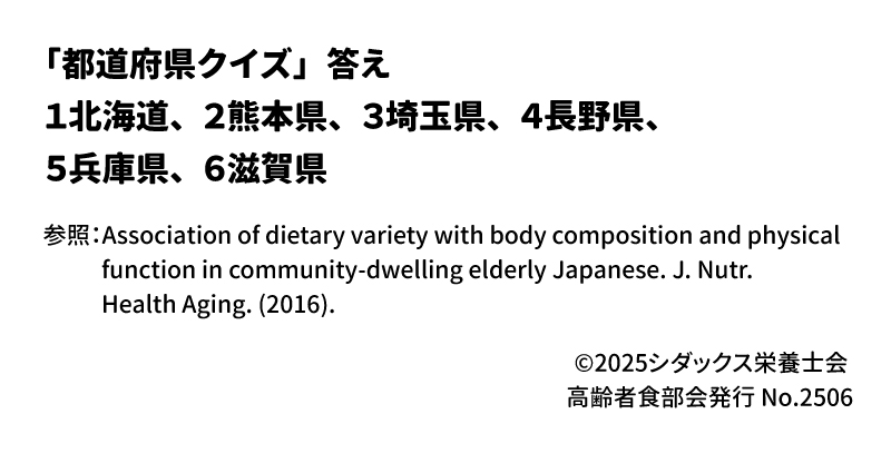 答え：１北海道、２熊本県、３埼玉県、４長野県、５兵庫県、６滋賀県参照：Association of dietary variety with body composition and physical function in community-dwelling elderly Japanese. J. Nutr. Health Aging. (2016).