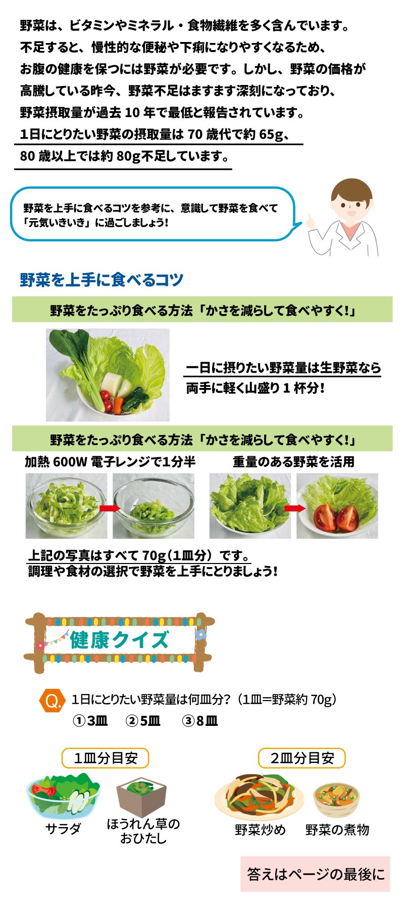 野菜を食べて元気いきいき ~野菜の健康パワー~ 健康長寿を支える大切な「あうこと」「知ること」「たべること」を中心とした、健康情報を毎月お届け！ 野菜は、ビタミンやミネラル・食物繊維を多く含んでいます。不足すると、慢性的な便秘や下痢になりやすくなるため、お腹の健康を保つには野菜が必要です。しかし、野菜の価格が高騰している昨今、野菜不足はますます深刻になっており、野菜摂取量が過去10年で最低と報告されています。1日に摂りたい野菜の摂取量は70歳代で約65g、80歳以上では約80g不足しています。野菜を上手に食べるコツを参考に、意識して野菜を食べて「元気いきいき」に過ごしましょう！ 野菜を上手に食べるコツ •	野菜をたっぷり食べる方法 「かさを減らして食べやすく！」 o	加熱（600W 電子レンジで1分半） o	重量のある野菜を活用 •	一日に摂りたい野菜量は生野菜なら両手に軽く山盛り1杯分！ 上記の写真はすべて70g（1皿分）です。調理や食材の選択で野菜を上手にとりましょう！ 健康クイズ ● 1日に摂りたい野菜量は何皿分？（1皿＝野菜約70g） 1.	3皿 2.	5皿 3.	8皿 ________________________________________ あした健康塾 スマホから健康レターやレシピにアクセスできます！ SHIDAX 未来の子供たちのために ©2025 シダックス栄養士会 高齢者食部会発行 No.2508