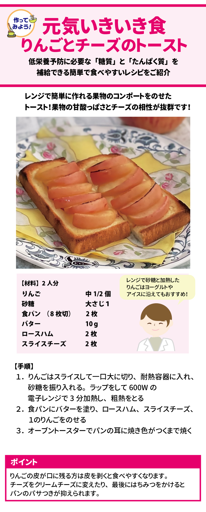 作ってみよう!! 元気いきいき食  りんごとチーズのトースト  低栄養予防に必要な「糖質」と不足しがちな「たんぱく質」を補給できる簡単で食べやすいレシピです。レンジで簡単に作れる果物のコンポートをのせたトーストで、果物の甘酸っぱさとチーズの相性が抜群です。  【材料】2人分  りんご: 中1/2個 砂糖: 大さじ1 食パン（8枚切）: 2枚 バター: 10g ロースハム: 2枚 スライスチーズ: 2枚 【手順】  りんごをスライスして一口大に切り、耐熱容器に入れて砂糖を振り入れる。ラップをして600Wの電子レンジで3分加熱し、粗熱をとります。 食パンにバターを塗り、ロースハム、スライスチーズ、1のりんごをのせます。 オーブントースターでパンの耳に焼き色がつくまで焼きます。 ポイント  りんごの皮が口に残る方は皮を剥くと食べやすくなります。 チーズをクリームチーズに変えたり、最後にはちみつをかけるとパンのパサつきが抑えられます。 レンジで砂糖と加熱したりんごは、ヨーグルトやアイスに添えてもおすすめです。