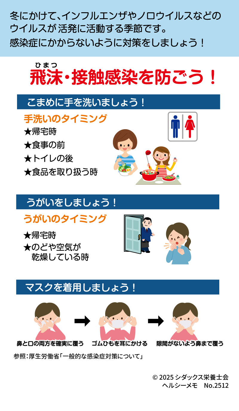 気を付けよう!感染症対策!  冬にかけて、インフルエンザやノロウイルスなどのウイルスが活発に活動する季節です 。感染症にかからないように対策をしましょう!  飛沫・接触感染を防ごう!  •	こまめに手を洗いましょう!  o	手洗いのタイミング ： 	★帰宅時  	★食事の前  	★トイレの後  	★食品を取り扱う時  •	うがいをしましょう!  o	うがいのタイミング ： 	★帰宅時  	★のどや空気が乾燥している時  •	マスクを着用しましょう!  o	鼻と口の両方を確実に覆う  o	ゴムひもを耳にかける  o	隙間がないよう鼻まで覆う 