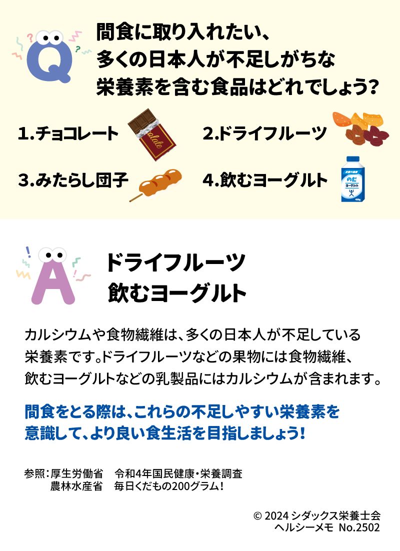 健康クイズ！間食を活用してより良い食生活に！ Q間食を取り入れたい、多くの日本人が不足しがちな栄養素を含む食品はどれでしょう？ １．	チョコレート　２．ドライフルーツ　３．みたらし団子　４．飲むヨーグルト  Aドライフルーツ・飲むヨーグルト カルシウムや食物繊維は、多くの日本人が不足している栄養素です。ドライフルーツなどの果物には食物繊維、飲むヨーグルトなどの乳製品にはカルシウムが含まれます。 間食をとる際は、これらの不足しやすい栄養素を意識して、より良い食生活を目指しましょう！ 「間食を活用して健康づくり」はこちら→ 参照：厚生労働省　令和4年国民健康・栄養調査 　　　農林水産省　毎日くだもの200グラム！
